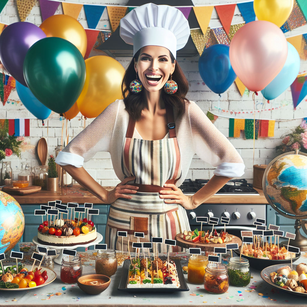Create an image illustrating a lively birthday party focused around a jubilant Caucasian woman who is a chef standing at the heart of her kitchen adorned with multicolored decorations and balloons. She is dressed in an apron emblazoned with designs of various international spices and vegetables, and a stylish chef's hat. She is wearing unique earrings shaped like mini globes, signifying her passion for exotic cuisine. Spanning before her is a table showcasing a variety of dishes from around the globe, each one meticulously labeled, inviting the guests to sample culinary delights from across the world for this special occasion.
Generated with these themes: Blonde happy chef who loves to cook exotic foods from around the world wearing eclectic earings.
Made with ❤️ by AI.