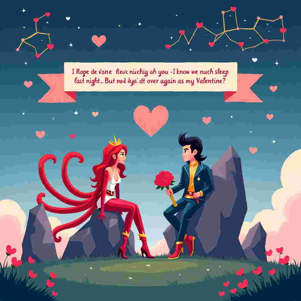 The front cover of the Valentine's Day card features a playful and vibrant vector illustration set in the magical universe of League of Legends. The scene is a stylized depiction of Summoner's Rift, complete with the iconic Nexus and a few turrets on each side, all rendered in flat shapes and crisp lines.

In the foreground, two champions are depicted: Ahri and Ezreal. Ahri, with her nine flowing tails, is sitting gracefully on a heart-shaped rock. Her outfit features her signature red and white colors, simplified into flat, geometric shapes. Across from her, Ezreal is leaning casually against a stylized turret, holding a bouquet of pixelated roses. His explorer's outfit is translated into shades of blue and gold, with clean lines and minimalist detail.

Above them, a banner stretches across the scene with the playful phrase, "I hope it wasn't too much for you—I know we didn’t get much sleep last night… But would you do it all over again as my Valentine?" written in a bold, sans-serif font.

The background is a simple, flat depiction of a clear, starlit sky in deep blues and purples, with stylized constellations that resemble League of Legends symbols. Among the stars, the name "Fynn" is subtly integrated into one of the constellations, designed to resemble an arrow from Ezreal's bow.

To add a touch of whimsy, small, flat hearts float gently around the characters, incorporating shades of pink and red. The ground is a flat, grassy green with simplified shapes of flowers dotting the landscape.

This vibrant and clean illustration pays homage to the League of Legends universe while infusing a Valentine's Day theme, all through the lens of flat vector art inspired by artists like Malika Favre and Matt W. Moore.
Generated with these themes: A valentines card including following things: It should be League of legends themed, simple, The phrase "I hope it wasn't too much for you—I know we didn’t get much sleep last night… But would you do it all over again as my Valentine?".
Made with ❤️ by AI.