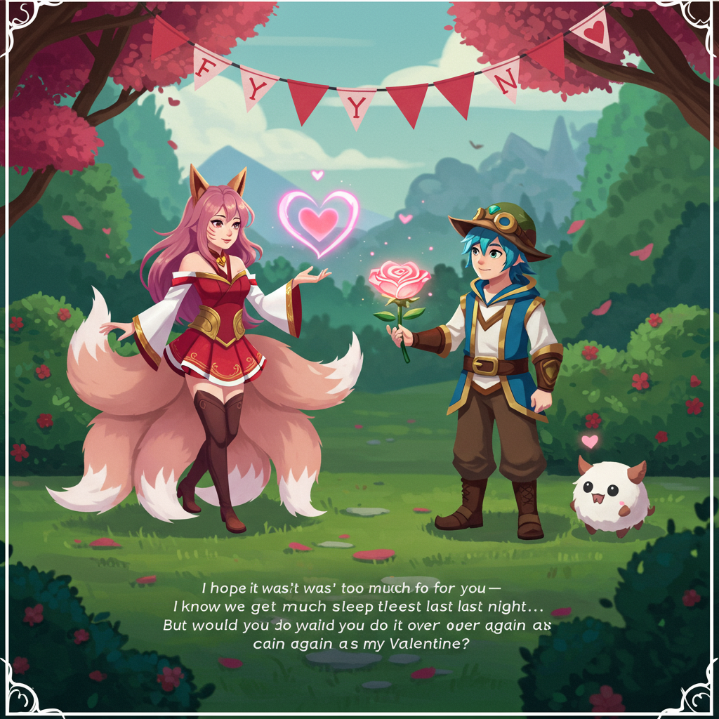 **Front Cover Description: "League of Legends Valentine's Scene"**

**Primary Elements:**
1. **Characters:**
   - **Ahri**: Featured in her classic nine-tailed fox form. Use flat, bold colors. Her attire should be depicted in crisp reds, whites, and gold accents. She is casting a heart-shaped spell, illustrated with smooth vector lines and a subtle gradient from pink to purple.
   - **Ezreal**: Standing next to Ahri, sporting his adventurous look with a simple color palette of blues, yellows, and browns. He holds a whimsical, glowing rose made of light in his outstretched hand.

2. **Background:**
   - **Setting**: A flat, stylized Summoner’s Rift-inspired environment. The background is simple and clean, with flat shapes representing trees and bushes in shades of green. Use a muted blue gradient for the sky to convey early morning.
   - **Valentine’s Banner**: Hanging across the top portion of the card, a vibrant red and white banner with the word "Fynn" in elegant, gold lettering.

3. **Text Placement:**
   - **Primary Phrase**: In a clean, sans-serif font, place the text "I hope it wasn't too much for you—I know we didn’t get much sleep last night… But would you do it all over again as my Valentine?" below the characters, following the curve of a small path. The text should be in black, standing out against the soft background colors.

4. **Additional Elements:**
   - **Heart-Shaped Bushes**: Flanking the characters, bushes trimmed into heart shapes with simple shadow effects to give depth, using a slightly darker green.
   - **Poros**: Include two poros at the base of the scene, sitting on a small patch of grass. The poros can be illustrated with fluffy white bodies and small pink hearts floating above their heads.

**Color Palette:**
- **Primary Colors**: Reds, blues, golds, and whites.
- **Secondary Colors**: Greens and purples for accents.
- **Text Colors**: Black and gold.

**Style Inspirations:**
- Utilize Yulia Sokolova's simplicity in vector art with clean lines.
- Incorporate Patrick Seymour's detailed linear illustrations for the characters' outfits and Ahri’s tails.
- Add Malika Favre's bold use of color and minimalist shapes for overall aesthetic coherence.

This design should capture the playful and vibrant world of League of Legends while keeping the theme simple and humorous, making it a perfect Valentine's Day card for a fan of the game.
Generated with these themes: A valentines card including following things: It should be League of legends themed, simple, The phrase "I hope it wasn't too much for you—I know we didn’t get much sleep last night… But would you do it all over again as my Valentine?".
Made with ❤️ by AI.