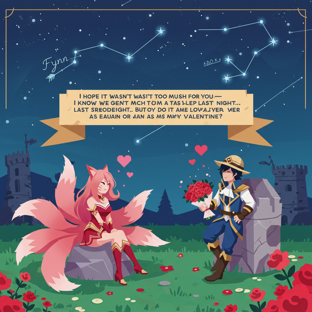 The front cover of the Valentine's Day card features a playful and vibrant vector illustration set in the magical universe of League of Legends. The scene is a stylized depiction of Summoner's Rift, complete with the iconic Nexus and a few turrets on each side, all rendered in flat shapes and crisp lines.

In the foreground, two champions are depicted: Ahri and Ezreal. Ahri, with her nine flowing tails, is sitting gracefully on a heart-shaped rock. Her outfit features her signature red and white colors, simplified into flat, geometric shapes. Across from her, Ezreal is leaning casually against a stylized turret, holding a bouquet of pixelated roses. His explorer's outfit is translated into shades of blue and gold, with clean lines and minimalist detail.

Above them, a banner stretches across the scene with the playful phrase, "I hope it wasn't too much for you—I know we didn’t get much sleep last night… But would you do it all over again as my Valentine?" written in a bold, sans-serif font.

The background is a simple, flat depiction of a clear, starlit sky in deep blues and purples, with stylized constellations that resemble League of Legends symbols. Among the stars, the name "Fynn" is subtly integrated into one of the constellations, designed to resemble an arrow from Ezreal's bow.

To add a touch of whimsy, small, flat hearts float gently around the characters, incorporating shades of pink and red. The ground is a flat, grassy green with simplified shapes of flowers dotting the landscape.

This vibrant and clean illustration pays homage to the League of Legends universe while infusing a Valentine's Day theme, all through the lens of flat vector art inspired by artists like Malika Favre and Matt W. Moore.
Generated with these themes: A valentines card including following things: It should be League of legends themed, simple, The phrase "I hope it wasn't too much for you—I know we didn’t get much sleep last night… But would you do it all over again as my Valentine?".
Made with ❤️ by AI.