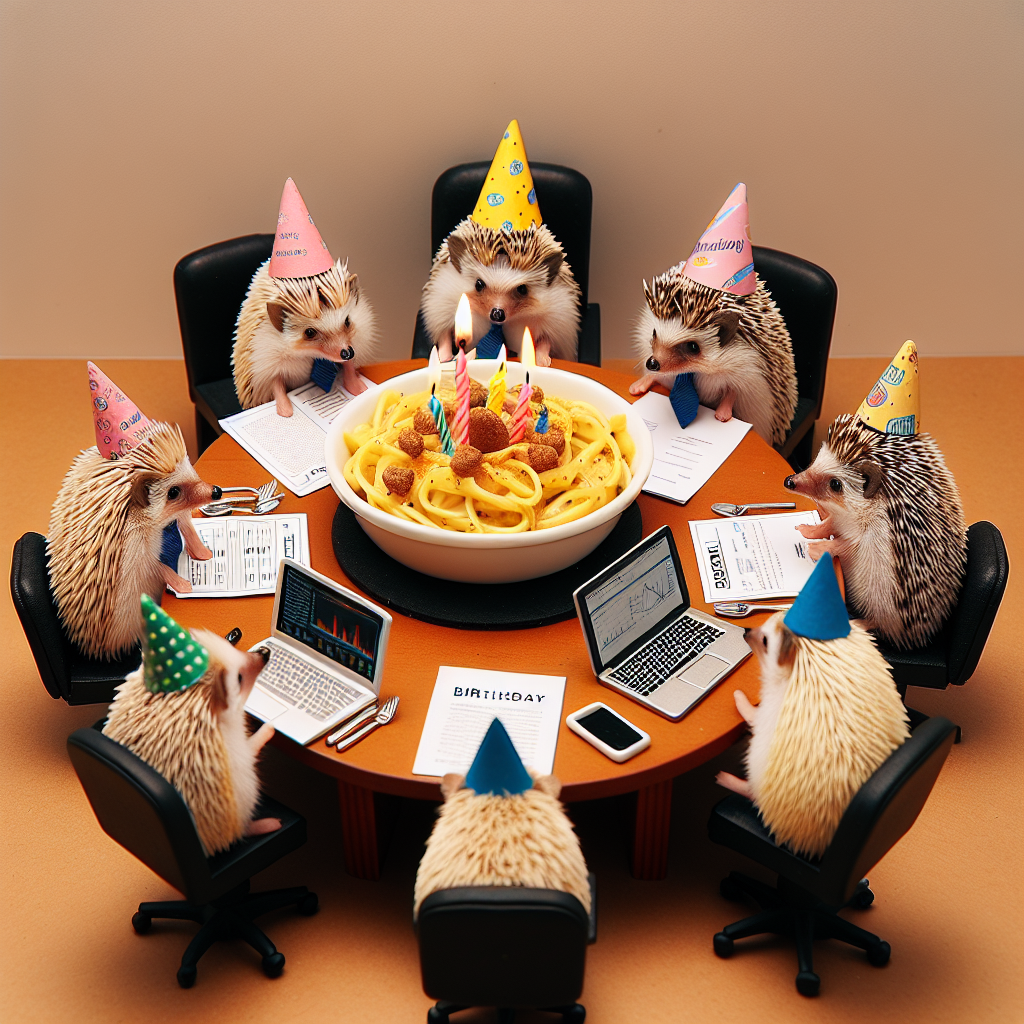 A delightful birthday setup featuring a group of hedgehogs wearing miniature party hats, sitting at a small imitation of a corporate boardroom table. The hedgehogs are engaged in perusal of various financial papers and laptops, creating a humorous nod to the theme of finance. Centered on the table is a tempting dish of carbonara adorned with birthday candles, seamlessly merging the culinary arts with the professional ambiance for an endearing and whimsical twist.
Generated with these themes: Hedgehogs, Finance, and Carbonara.
Made with ❤️ by AI.