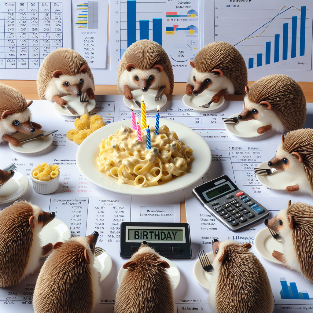 In an adorable and realistic setting signifying a birthday theme, a collection of lifelike hedgehogs gather around a table heavily packed with financial charts and calculators, to represent dedication to finance. Amidst the various diagrams and figures, plates filled with creamy carbonara pasta become the centerpiece of this celebration, with each hedgehog holding tiny forks, prepared to mark the unique festivity.
Generated with these themes: Hedgehogs, Finance, and Carbonara.
Made with ❤️ by AI.