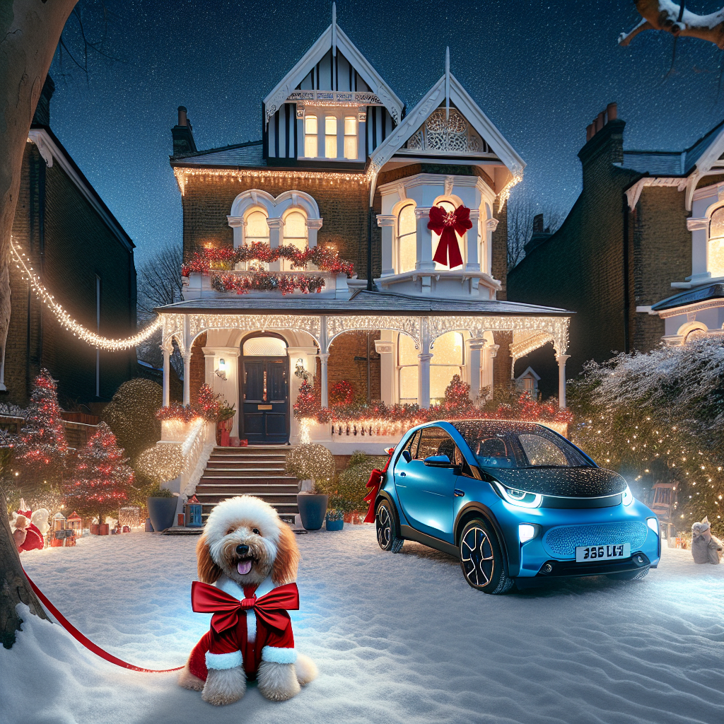 A quaint Victorian house adorned with festive Christmas lights stands in the heart of a snow-covered London garden. A blue Tesla Model 3, with a red bow on the hood, is parked outside. In the foreground, a fluffy cockapoo dressed in a tiny Santa suit frolics joyfully. Above the scene, the text 'Merry Christmas from The Fish Family' is emblazoned across the starry night sky.
Generated with these themes: Cockapoo, Victorian house , London, Tesla model 3 blue, Christmas, and Garden.
Made with ❤️ by AI.