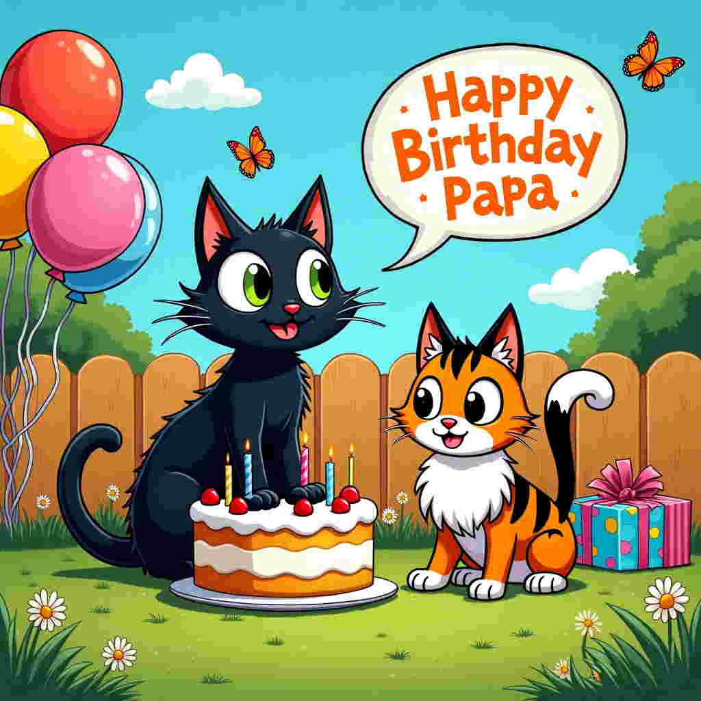 The front cover of this birthday greeting card bursts with a playful and vivid cartoon style, reminiscent of the iconic works of Bill Watterson and Charles Schulz. The scene unfolds in a whimsical backyard, with a lush, green lawn speckled with daisies and dandelions. In the foreground, a cartoonish black cat with oversized green eyes and a cheeky grin sits atop a vibrant, multi-layered birthday cake. Its sleek fur glistens with playful highlights.

Beside the cake, a ginger, black, and white fluffy cat with a prominent white bib and sparkling amber eyes peers curiously at the scene. Its tail flicks in the air, resembling a question mark, suggesting a mischievous nature. The cats are exaggerated in their features, with large expressive eyes and whimsically oversized paws.

Behind them, a classic wooden picket fence is lined with colorful, helium-filled balloons in bright reds, yellows, and blues, swaying gently in the breeze. The sky is a clear azure, dotted with fluffy, cotton candy-like clouds.

In the top right corner of the scene, a comic-style speech bubble emerges from the black cat, reading "Happy Birthday Papa" in bold, playful letters. The text is outlined in a lively orange to make it pop against the blue sky.

Scattered around the scene are birthday presents wrapped in polka-dot and striped patterns, their ribbons twisting whimsically in the air. A couple of butterflies, drawn with delicate lines and vibrant colors, flutter around the cake, adding to the festive atmosphere.

This card captures a perfect blend of lighthearted humor and vivid cartoon artistry, ensuring it will stand out and bring joy to the birthday celebration.
Generated with these themes: Cats, Black cat woth green eyes, and Ginger,black,white bib fluffy cat with amber eyes.
Made with ❤️ by AI.