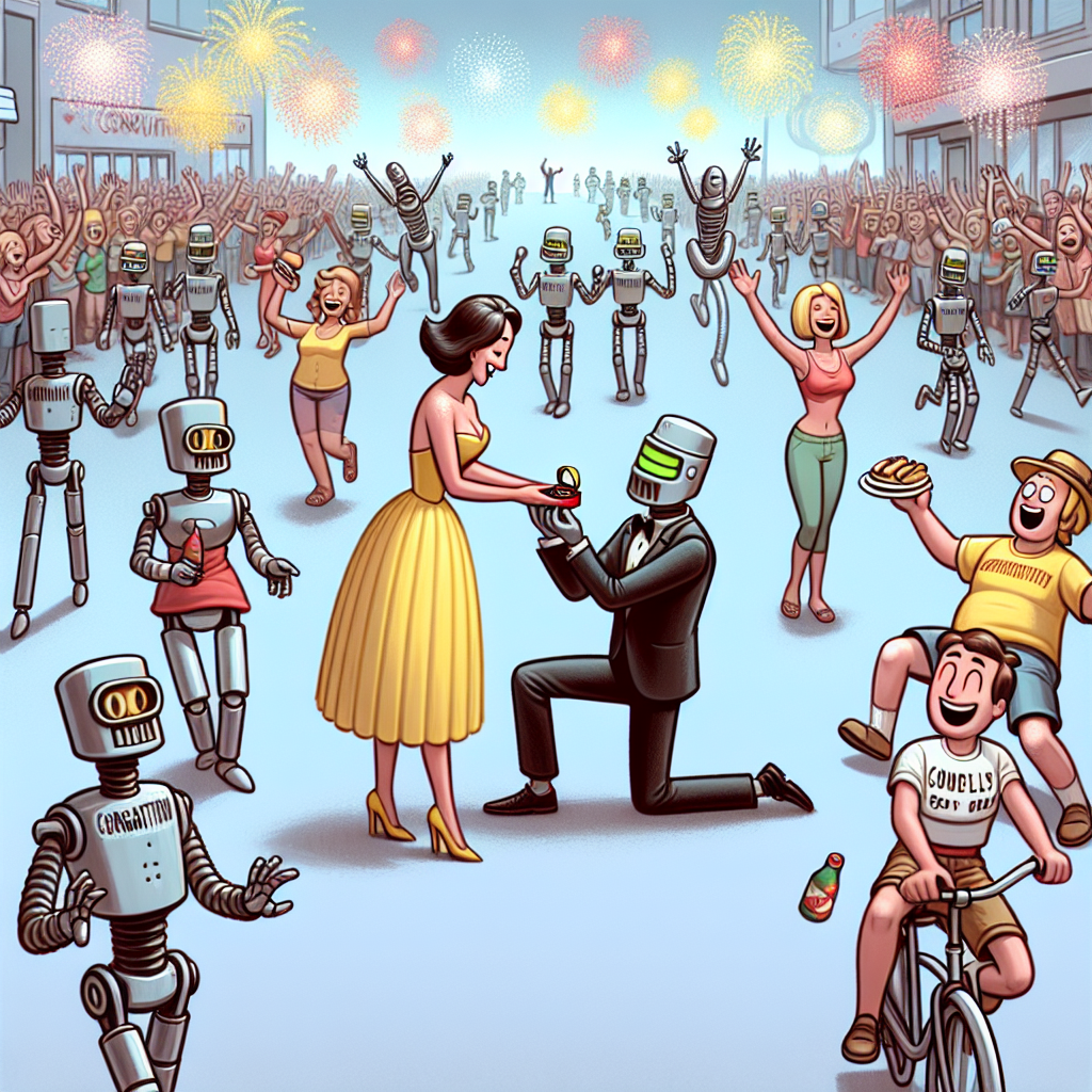Imagine a joyful parade, wherein a group of fictitious sci-fi robots are marching down a street. A notable figure, resembling the traditional beauty in a yellow dress, proudly holds a 'congratulatory' banner at the front. An anonymous character is energetically cycling along, jovially tossing hot dogs to an excited crowd. In an endearing twist, amidst this animated extravaganza, a central figure is kneeling, tenderly offering an engagement ring to their loved one, encapsulating the heartfelt moment of a proposal. Above them, animated fireworks adorn the sky, contributing to the general festivity of the scene.
Generated with these themes: Star Wars, Beauty and the Beast, Bike rides, Hot dogs, and Getting engaged .
Made with ❤️ by AI.