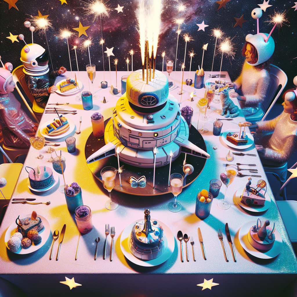 A playful, abstract birthday celebration unfolds, displaying a cake shaped like a futuristic spaceship, its engines ignited by sparkler candles. Tables are adorned in starry tablecloths replicating a dreamy galactic vista. Party guests are seen donning cosmic-themed outfits complete with ears or antennae, creating a sense of inclusivity and representation of the various kinds of species one might imagine in a sci-fi universe. Drinks bubble and fizz in specially designed flasks, giving the celebratory toasts the exciting vibe of milestones being celebrated on unexplored celestial bodies.
Generated with these themes: Star trek.
Made with ❤️ by AI.