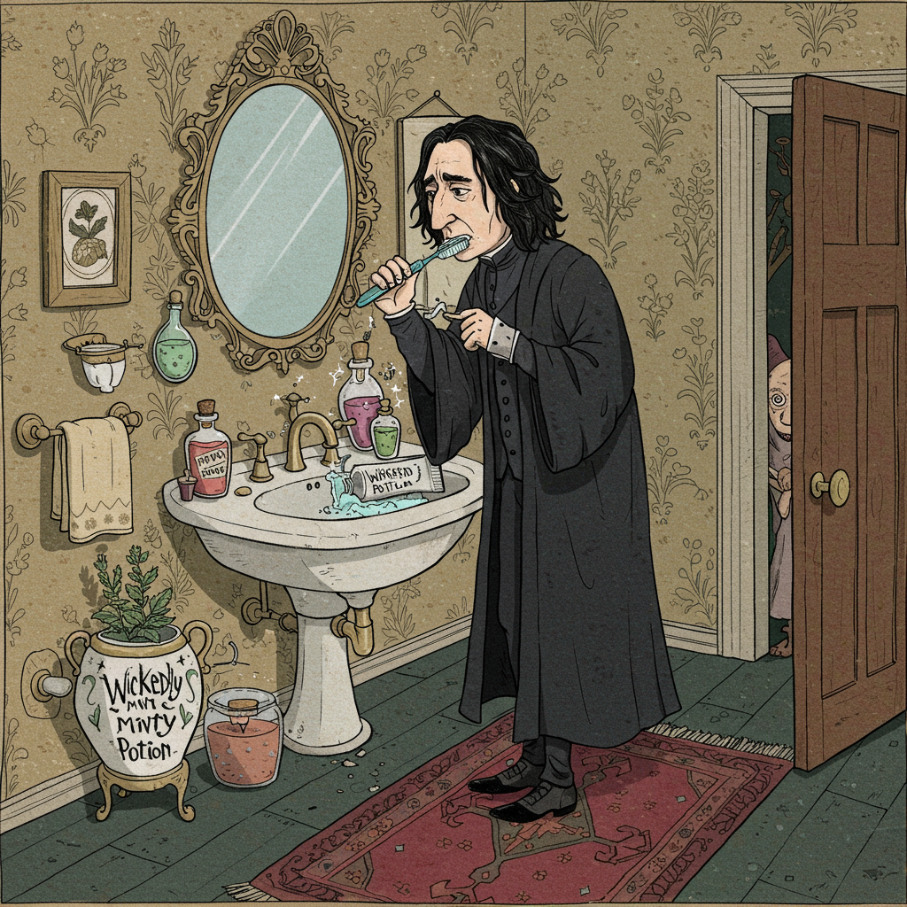 Front and center, imagine a detailed and expressive illustration capturing the whimsical sight of Professor Snape in a bathroom setting, his iconic figure immersed in the unusual task of brushing his teeth. This scene should be drawn in a hand-drawn style, reminiscent of the intricate and quirky elements of Edward Gorey combined with the vivid storytelling quality of Maurice Sendak.

Snape stands at an elegant, antique sink that is distinctly Victorian in style, with porcelain and brass elements, hinting at the Hogwarts ambiance. The sink's surface is cluttered with an array of potions and elixirs, each bottle uniquely shaped and labeled with scrollwork script. The most prominent object is a tube of toothpaste, whimsically labeled "Wickedly Minty Potion," with a small puff of mint leaves and magical sparkles emanating from its cap.

His toothbrush, larger-than-life and slightly exaggerated in size, features bristles that seem to sway as if enchanted, mimicking the exaggerated style of Quentin Blake. Snape’s robes are richly detailed, with delicate, intricate patterns reminiscent of Aubrey Beardsley's work, each fold and curve carefully illustrated.

In the background, the bathroom walls are adorned with old-fashioned wallpaper featuring a subtle potion-bottle pattern, lightly inspired by Beatrix Potter's delicate flora designs. Above the sink, an ornate mirror reflects Snape’s concentrated expression, its frame detailed with swirling vines and tiny bat motifs, nodding to Arthur Rackham's penchant for fantastical nature elements.

On the floor, a Persian-style rug with deep crimson and emerald green colors, reminiscent of N.C. Wyeth's bold palette, adds warmth and richness to the scene. A small, mischievous creature, perhaps a Dobby-like house-elf, peeks around the doorframe, its eyes wide with curiosity, adding a touch of playful detail in a style akin to Norman Rockwell’s narrative scenes.

The overall color palette should blend the moody tones of Maxfield Parrish’s twilight hues with vibrant, magical accents, ensuring the scene feels both magical and humorous. This birthday card cover is not just an image but a tiny world bursting with quirky, delightful detail, ready to enchant the birthday recipient.
Generated with these themes: Professor snape brushing his teeth with minty toothpaste.
Made with ❤️ by AI.