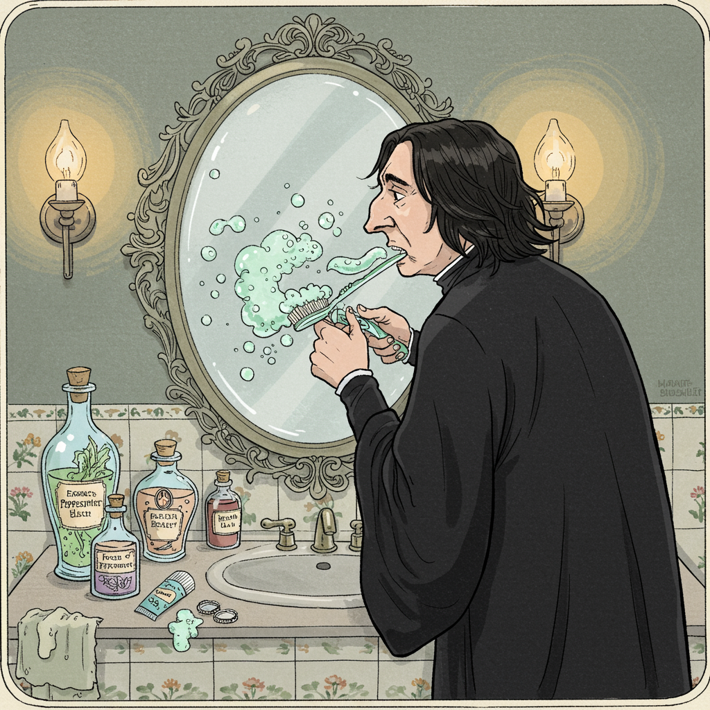 Front and center, imagine an intricately detailed hand-drawn illustration of Professor Snape standing in front of an ornately framed, large, oval mirror, reminiscent of something you might find in a Victorian-era apothecary, with swirling, floral carvings along its edges. Snape is positioned in a classic Norman Rockwell pose—slightly exaggerated in form, capturing the realism yet whimsy Rockwell was known for. He's clad in his iconic dark, flowing robes, which cascade around him, pooling onto a bathroom tile floor that resembles a pattern from a Beatrix Potter illustration—soft pastels with dainty floral motifs.

Snape's hair, in true Quentin Blake style, is captured mid-swish, as though just flicked back while he bends slightly forward, focusing intently on the task at hand. His expression is serious, his dark eyes slightly narrowed, peering through the mirror, as he brushes his teeth with an oversized, whimsically ornate toothbrush, designed with Art Nouveau flair—a nod to Aubrey Beardsley—with intricate scrollwork and possibly a little snake entwined around the handle.

The minty toothpaste is comically exaggerated, foamy and wildly mint-green, spilling from his mouth in an abundance akin to Maurice Sendak's playful chaos, speckled with tiny bubbles that catch light in a way Maxfield Parrish would appreciate, each bubble reflecting a spectrum of colors. A tiny, whimsical gust of toothpaste foam fluffs out, curling whimsically around Snape's stern face like clouds from a Gustave Doré scene.

On the countertop, drawn in a detailed style reminiscent of Arthur Rackham, sit various potion bottles with labels like "Essence of Peppermint" and "Fresh Breath Elixir," their glass surfaces reflecting the soft, warm glow from a nearby wall sconce. This lighting casts a gentle, golden hue reminiscent of N.C. Wyeth's rich color palette over the scene, illuminating the detailed cracks in the aged, dark wooden cabinets below.

In the background, there's a splash of muted color, echoing Edward Gorey’s tones, with a small, crooked window framed by curtains that might have belonged in a quaint English cottage, revealing a hint of a lush, enchanted forest just outside—trees densely packed, their leaves swirling in abstract patterns, offering a subtle nod to Arthur Rackham’s influence.

This illustration captures the juxtaposition of everyday mundanity against the extraordinary, each detail packed with narrative potential and visual delight, creating a card that is both intricate and delightfully humorous.
Generated with these themes: Professor snape brushing his teeth with minty toothpaste.
Made with ❤️ by AI.