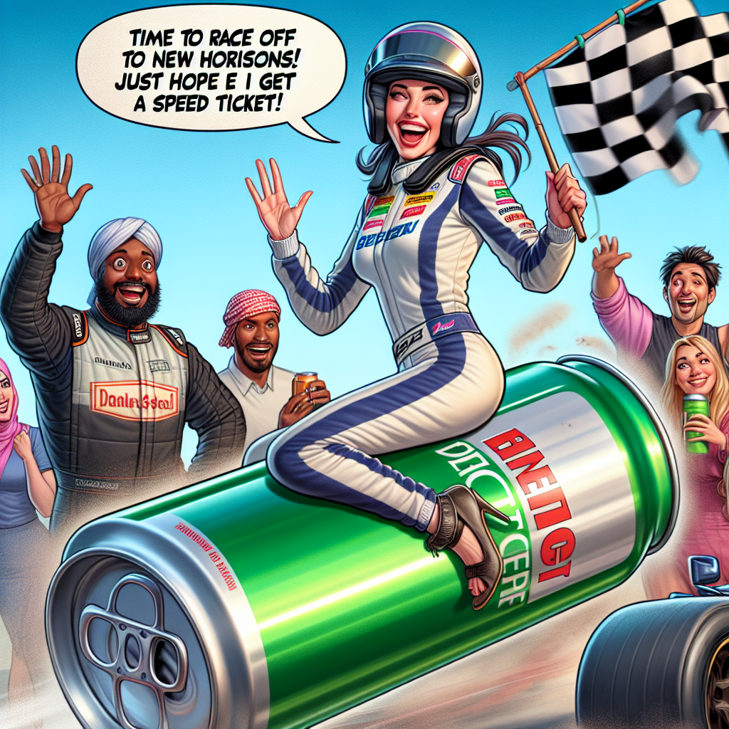 A humorous image of a Caucasian female dressed in a generic racing outfit, cheerfully waving goodbye as she rides a gigantic can of energy drink, instead of a conventional racing car. In the backdrop, a diverse group of racers, including a Black man, a middle-eastern woman, and a South Asian man, display expressions of surprise and amusement at the ludicrous sight. A speech bubble emerging from the departing racer contains the text: 'Time to race off to new horizons! Just hope I don’t get a speed ticket!' The scene is a playful, tongue-in-cheek take on bidding goodbye using a car racing pun.
Generated with these themes: Formula 1 Red Bull Racing, Offensive, and Joke.
Made with ❤️ by AI.