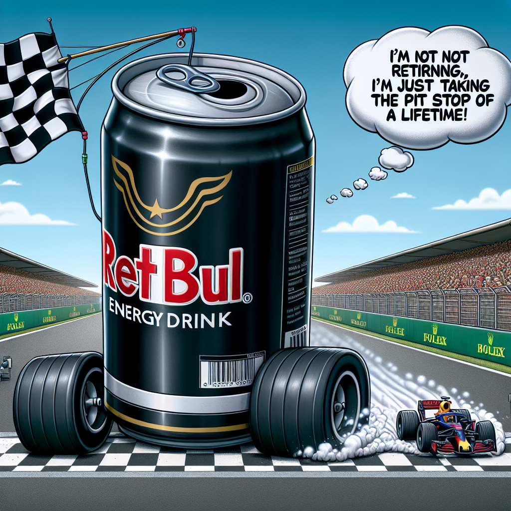 In this humorous presentation, a gigantic, cartoony energy drink can with wheels is seen zipping right past a Formula 1 finish line, the black and white checkered flag wrapped it. The branding on the can carries the name of a departing person and a laughable dialogue bubble forms stating, 'I'm not retiring, I'm just taking the pit stop of a lifetime!'. Hovering above is a rival racer displayed with an amusing thought bubble, murmuring 'Should have known they had wings!' in ridicule of the famous energy drink slogan. This distinctive scene evokes a quirky farewell filled with wit.
Generated with these themes: Formula 1 Red Bull Racing, Offensive, and Joke.
Made with ❤️ by AI.