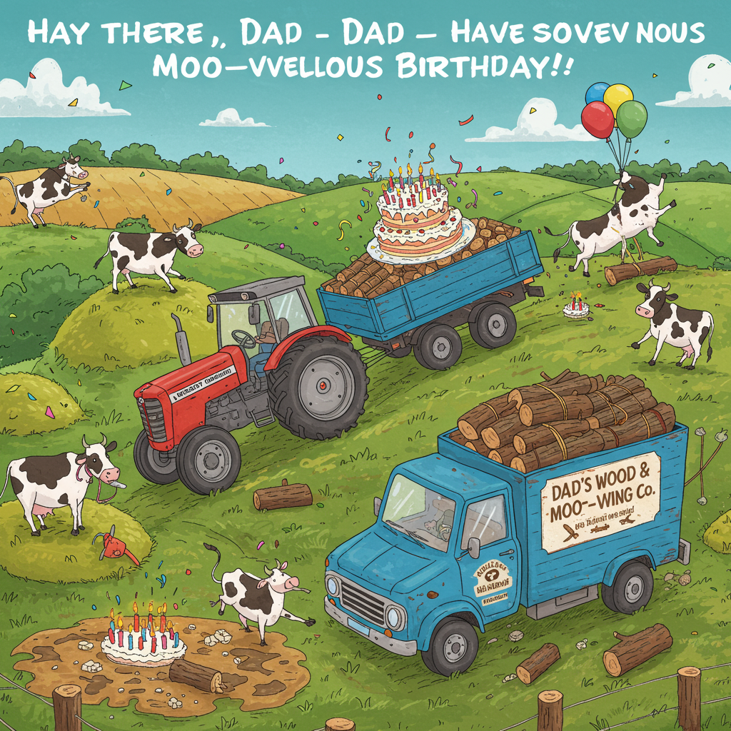**Image Prompt:**

At the top of the illustration image, write: *“Hay there, Dad — Have a MOO-velous Birthday!”*

**Illustration Style Image Description (Funny Mood):**

A hilariously hilly countryside scene, with cartoon-style beef cows chilling on grassy mounds wearing party hats and chewing birthday cake instead of cud. In the foreground, a bright red *Massey Ferguson* tractor is pulling a giant birthday cake on a flatbed — the candles are literally small firewood logs blazing with mini bonfires. 

Next to it, a comically rickety blue delivery truck — labeled “Dad’s Wood & Moo-ving Co.” — is struggling uphill, overloaded with firewood bundles that are somehow balloon-tied like presents. One log is escaping out the back, causing a cow in the background to trip and slide cartoon-style down the hill like it's a muddy birthday waterslide. Confetti falls from a suspiciously bird-shaped drone hovering overhead.

Bright colors, playful lines, and lots of funny little details like cows dancing around a disco woodpile. Make it feel like the most hilariously rustic, farm-fueled birthday bash ever!
Generated with these themes: Own a hilly beef cow farm and owns a fire wood business with a unique blue delivery truck. And a red Massey Ferguson tractor.
Made with ❤️ by AI.
