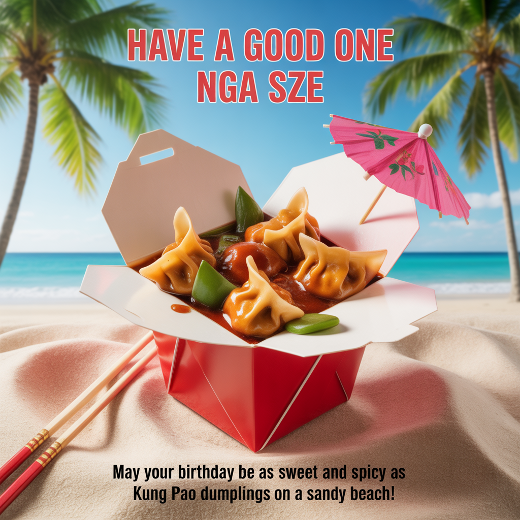 At the top of the image, "Have a good one Nga Sze":

At the bottom of the image, "May your birthday be as sweet and spicy as Kung Pao Dumplings on a sandy beach!"

- In the center of the image, capture a lifelike scene of a Chinese food takeout box lying open on a pristine holiday beach.
- The box is filled with vibrant Kung Pao Dumplings, their glossy sauce reflecting the sunlight, while chopsticks lie artfully in the sand.
- Palm trees sway gently in the background, and a tiny cocktail umbrella is tucked playfully into the box, adding a festive holiday flair.
Generated with these themes: Holiday, Chinese food, and .
Made with ❤️ by AI.