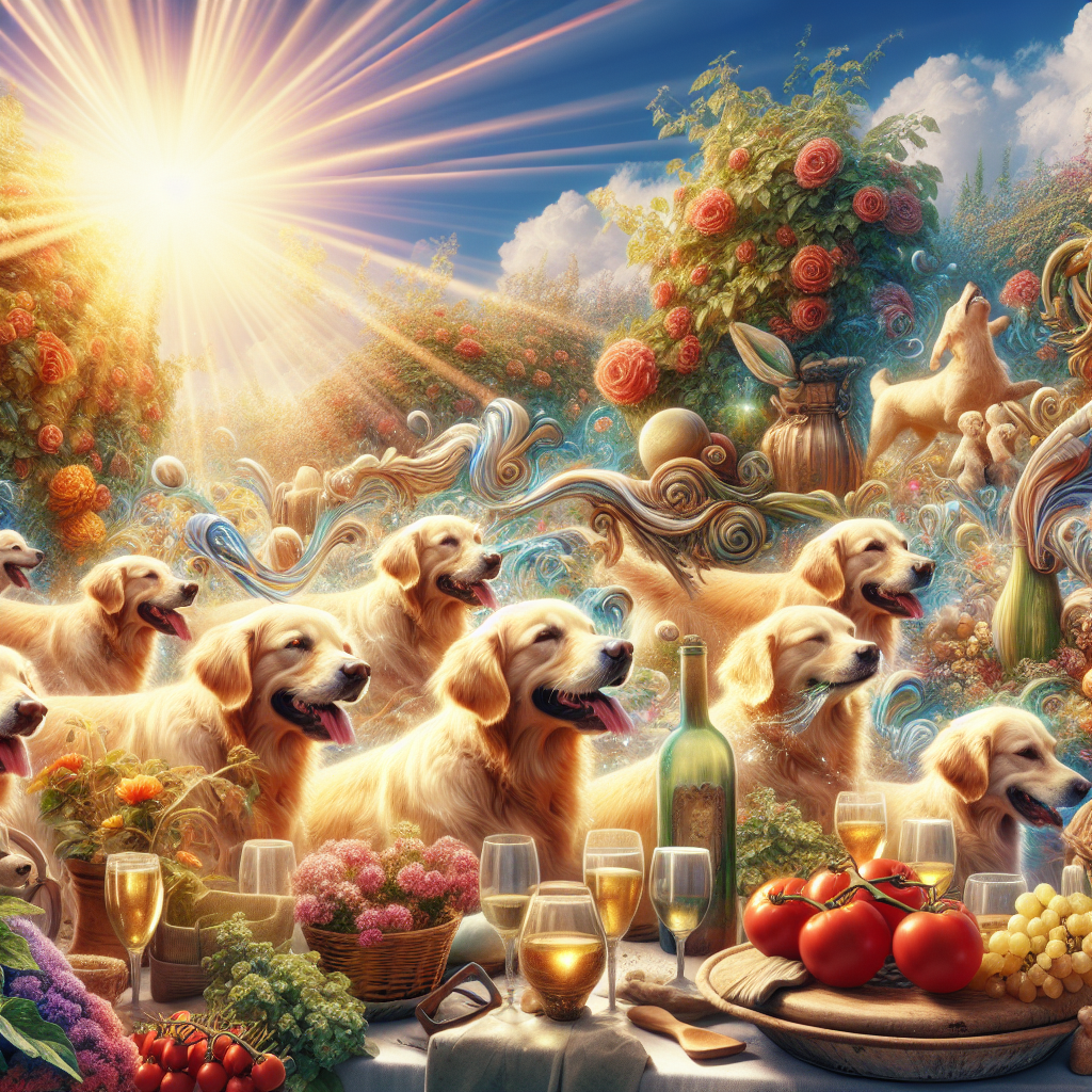 Imagine a scene filled with whimsical charm bathed in radiant sunlight. Surreal yet realistic. Visualize playful Golden Retriever dogs weaving their way through an array of antique items, each holding its unique shabby chic appeal. They form an almost guard-like presence amidst a vibrant landscape of blooming flowers and lush tomato plants. View this scene as a symbol of pure joy and gratitude, able to provoke laughter and happiness. Picture sparkling wine glasses catching the light, their gleam a tangible reminder of the simplicity and surreal beauty inherent in expressing thanks.
Generated with these themes: Golden retrievers , Flowers, Tomatoes , Sunshine , Wine, Antiques, and Shabby chic.
Made with ❤️ by AI.