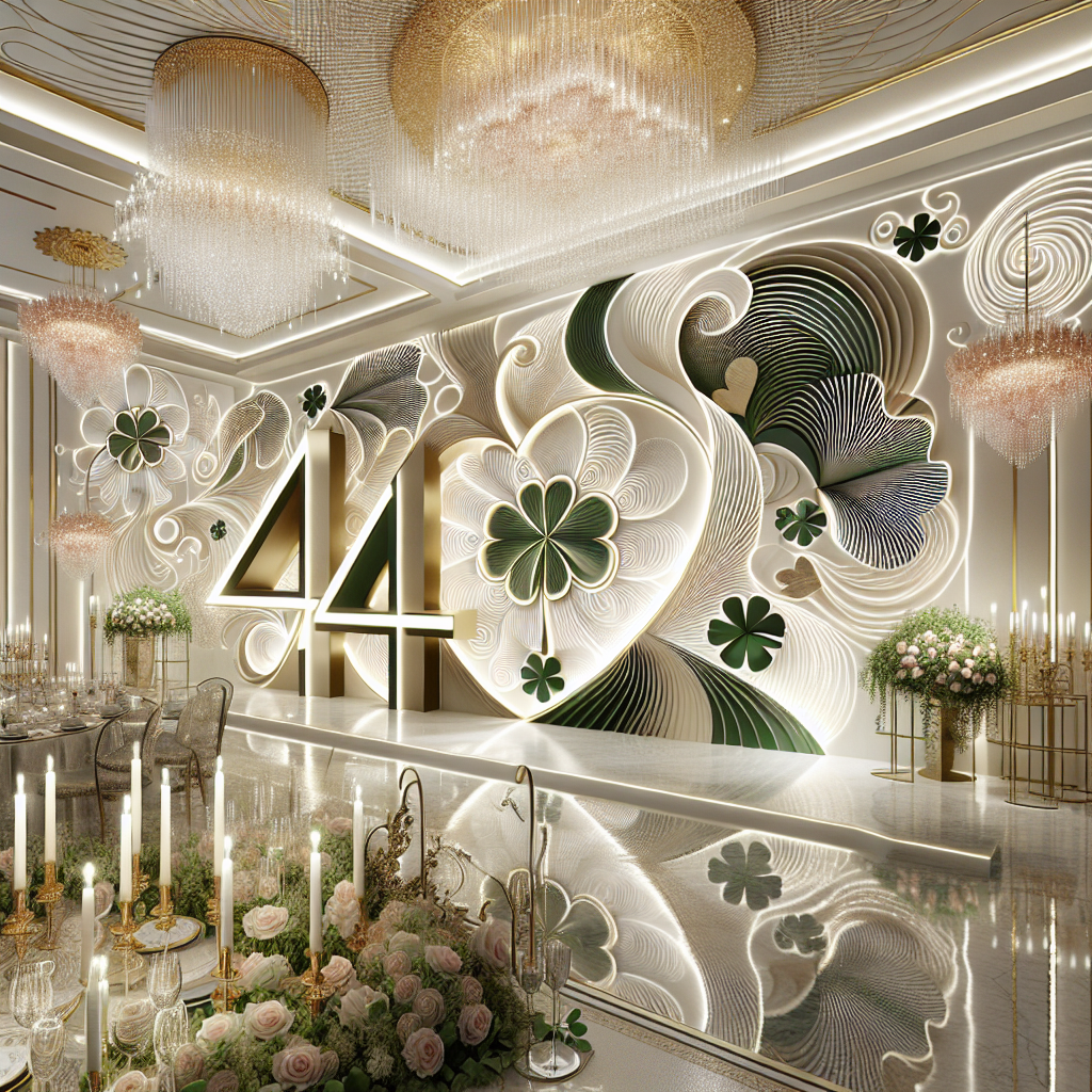 An abstract design for a profound 40th birthday celebration. The design is Irish inspired, featuring subtle shamrock patterns distributed throughout. A refined color palette combines hues of greens, whites, and golds with touches of pink gold champagne. This design invokes elegance while acknowledging Irish roots and the grandeur of the event. Gleaming accents reflect light, forging an enchanting ambiance. Stylized hearts scattered throughout underscore themes of love and happiness. The room's focal point is the large number '40', offering a magnificent display that encapsulates the essence of heritage and the joy of marking a significant birthday.
Generated with these themes: 40, 40th birthday , Shamrock, Ireland , Green white gold , Pink gold champagne , and Hearts and glitter .
Made with ❤️ by AI.