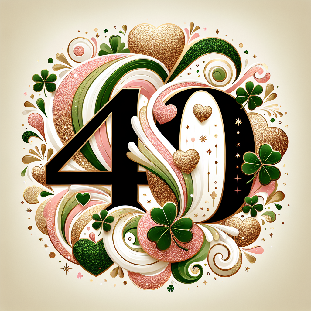 Create an abstract birthday theme artwork that artfully symbolizes a 40th milestone with the beauty of Irish tradition. The color palette comprises green, white, gold, pink, and champagne gold, echoing the Irish flag's colors and an opulent undertone. Include shamrocks, representing good fortune, and integrate hearts and glitter across the design for a romantic and festive sparkle. The number '40' should be significant, featured in a sophisticated font and colored in a pink gold champagne hue, further adding to the mature charm appropriate for this landmark occasion.
Generated with these themes: 40, 40th birthday , Shamrock, Ireland , Green white gold , Pink gold champagne , and Hearts and glitter .
Made with ❤️ by AI.