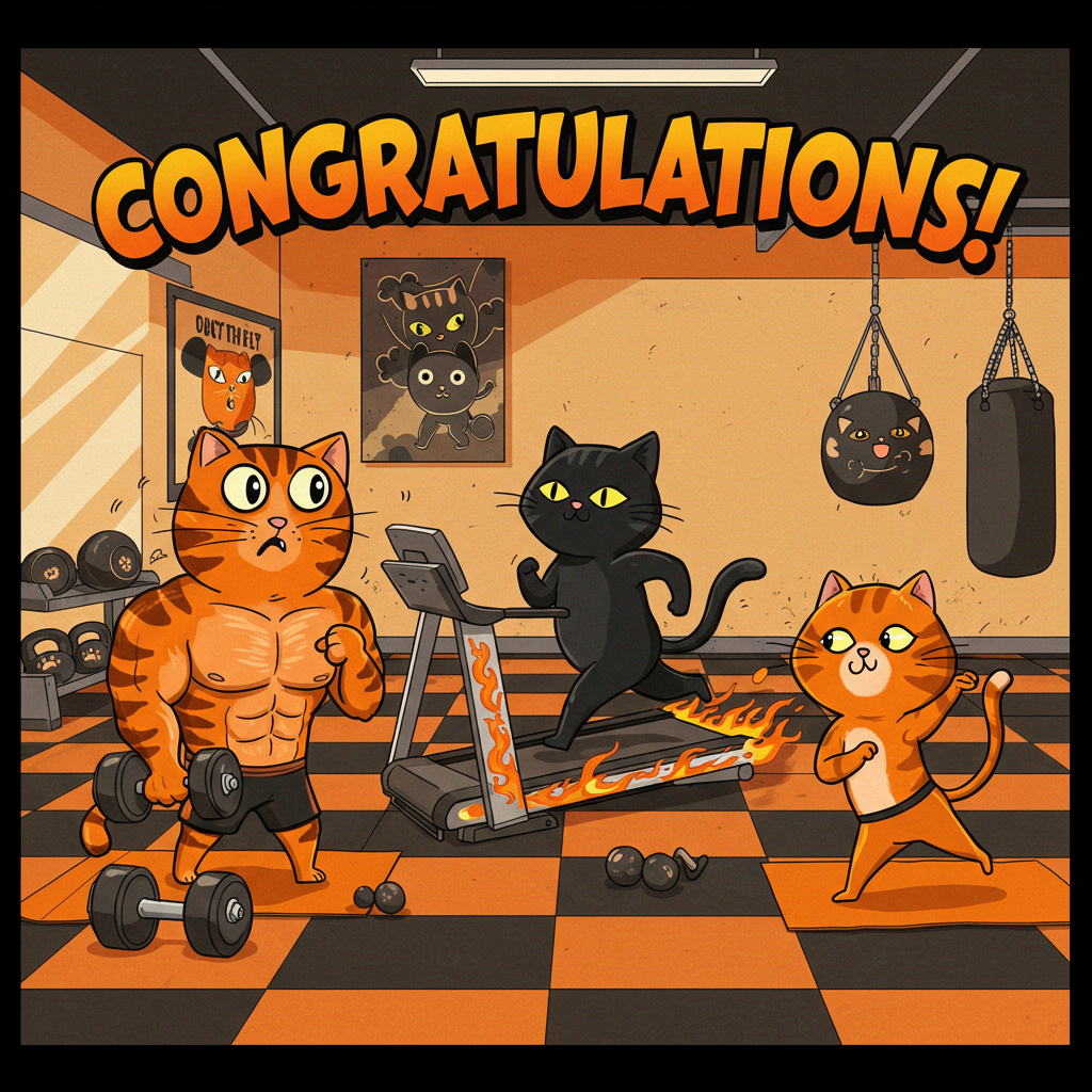 Front and center on the greeting card is a vibrant, cartoon-style scene bursting with playful energy. Three cartoon cats, each with exaggerated, whimsical features, are in the middle of an animated gym session, their fur painted in vivid shades of black and orange.

**Cat 1**: On the left, a muscular tabby with bright orange stripes and a comically large head is lifting a set of oversized dumbbells. Its eyes are wide and round, almost popping out in surprise as if amazed by its own strength. The dumbbells are drawn in an exaggerated manner, with weights shaped like big, colorful donuts.

**Cat 2**: In the middle, a sleek, jet-black cat with oversized ears is running on a treadmill. The treadmill is detailed with a retro style console and buttons, reminiscent of old arcade games. The treadmill belt is illustrated as a moving ribbon of flames, painted in a fiery orange and black swirl pattern, emphasizing speed.

**Cat 3**: On the right, a fluffy orange cat with an enormous tail and cartoonishly tiny legs is attempting a yoga pose on a bright black yoga mat, patterned with orange paw prints. Its body is twisted into a pretzel-like shape, the tail spiraling whimsically above its head.

The background of the card is a bustling gym, styled with playful exaggeration. Large black and orange motivational posters line the walls, each featuring cartoonish graphics of weights and paw prints. In the corners of the room, black kettlebells with grinning cat faces and a punch bag resembling a massive orange fish hang whimsically.

Above the scene, in bold, comic-book style lettering, is the word "CONGRATULATIONS!" The letters are large and bubbly, filled with a swirling gradient of black to orange, and outlined with a shiny, black border to make them pop against the lively gym backdrop.

The floor is a checkered pattern of black and orange tiles, reflecting the movement of the cats in dynamic, curved lines. The scene is lively, bursting with the energy of the gym and the playfulness of the cats, capturing the celebratory theme in a uniquely cartoonish style.
Generated with these themes: Three cats at the gym, Black and orange colour theme, and .
Made with ❤️ by AI.