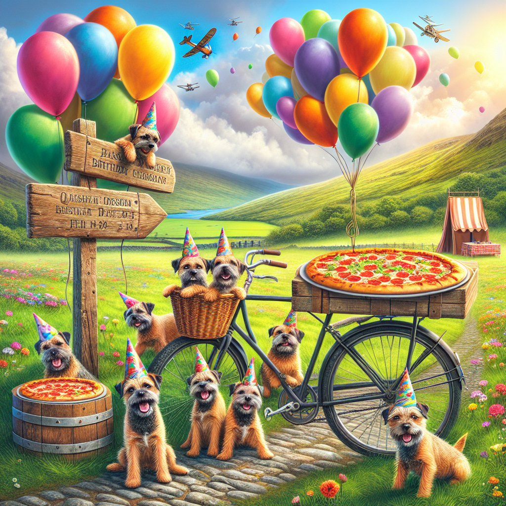 Create a delightful image of a birthday celebration set in the vibrant green landscape of Ireland. A group of playful Border terriers, adorned with colorful party hats, is joyfully bouncing around. Propped against an old wooden signboard, there's a bicycle loaded with a basket full of fresh pizzas. The wooden sign points in the direction of a festive beer tent. Above, the sky is filled with a multitude of floating, colorful balloons, and the warm sun shyly peeks through the soft, puffy clouds.
Generated with these themes: Ireland, Border terriers, Beer, Pizza , and Cycling .
Made with ❤️ by AI.