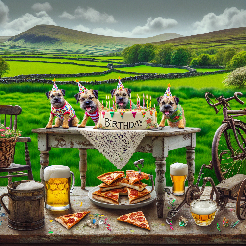 The picture is set in an Irish rural landscape brimming with lush, green fields. It features animated Border terriers, dressed in vibrant birthday clothes, romping around the setting, adding a whimsical touch to the scene. A simple, old-fashioned wooden table is a central element, heaped with slices of pizza and foaming glasses of beer, suggesting a hearty feast. An aged bicycle positioned casually nearby indicates the possibility of a delightful cycling trip after the meal.
Generated with these themes: Ireland, Border terriers, Beer, Pizza , and Cycling .
Made with ❤️ by AI.
