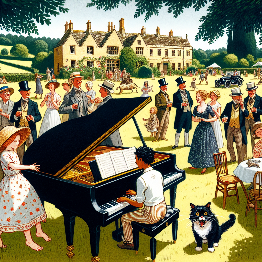 Illustrate an idyllic summer fete scene in the English countryside, specifically in the Cotswolds. The air is filled with joy and laughter, and the melody of a black grand piano playing birthday music underscores the festivity. A 32-year-old former gymnast of South Asian descent, previously part of Team GB, is the reason for the celebration. Amidst the party guests, capture a cherubic Caucasian toddler with curly, light hair, playfully trying to replicate the gymnast's movements. However, the most unexpected contribution to the merriment comes from the family's black cat, nonchalantly walking in with a dead mouse in its jaws, provoking both shock and laughter from the attendees. The image should perfectly encapsulate the eccentric yet spirited character of this unique birthday event.
Generated with these themes: Toddler with light curly hair, 32 years old, Team GB gymnastics, Black cat with a dead Mouse in its moutb, Cotswolds summer fete , and Black Grand Piano.
Made with ❤️ by AI.