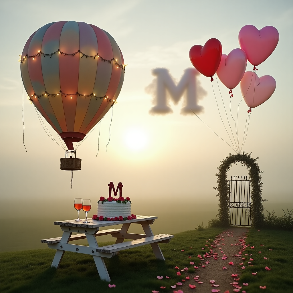 In a whimsical farewell scene set at the edge of an enchanting meadow, the backdrop features a sprawling open area that stretches out to the horizon, where the morning mist lingers like a soft, translucent blanket. At the center of this romantic setting stands a picturesque, vintage-style hot air balloon, tethered to the ground with ropes adorned in twinkling fairy lights. Its balloon envelope, a vibrant patchwork of pastel hues, stands out against the misty gray of the morning fog.

Nestled in the lush grass is a quaint wooden picnic table, painted in a charming weathered white. On the table, an elegantly frosted farewell cake displays the name "M" written with delicate sugar roses and ivy leaves, the elegant script interwoven with the floral embellishments. Surrounding the cake are flutes of sparkling juice, catching the soft light filtering through the fog, ready to toast a new adventure.

In the background, a series of heart-shaped helium balloons, each a different shade of pink and red, float gently in the air, tied to the ground by shimmering silver ribbons. Above, in the sky, the clouds have whimsically arranged themselves to spell out a gentle farewell message that incorporates "M," shaped like fluffy white letters surrounded by the subtle glow of the rising sun.

On the meadow's edge, a classic romantic touch: a delicate wrought iron gate partially open, as if inviting "M" to step through and embark on a new journey. The gate is entwined with climbing roses, their petals moist with dew, adding to the enchanting feel of the scene. A charming path of scattered rose petals leads from the gate to the hot air balloon, suggesting a whimsical escape into the unknown.

This quirky, imaginative setting perfectly combines romance and farewell, capturing the essence of a journey yet to be taken, with the name "M" woven seamlessly into the narrative of this dreamy farewell.
Generated with these themes: romantic place with a wide open area and a little fog.
Made with ❤️ by AI.