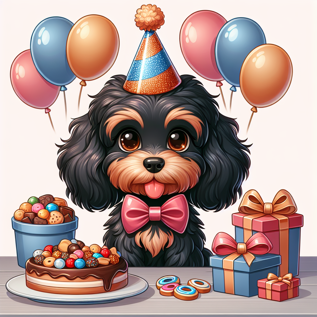 Depict a cartoon scene imbued with a joyful birthday atmosphere. Central to this scene is a slender Cockapoo dog with a shiny black coat and warm brown eyes. This adorable dog is the star of the celebration, dressed up in a cute bow tie and an eye-catching sparkly party hat. Ornamenting the surroundings is a generous spread of birthday treats and gifts, amplifying the festive mood of this delightful tableau.
.
Made with ❤️ by AI.