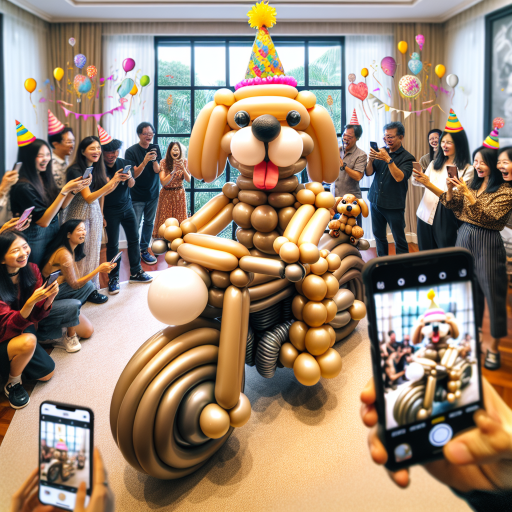 A room filled with cheerful people is dominated by a life-sized, intricately crafted balloon motorbike sculpture. A plush toy Labrador, sporting a mirthful expression sits atop the balloon motorbike, becoming a fun, attractive subject of the scene. Numerous people are engrossed, holding up their smartphones to memorialize this moment. An imaginary layer of a themed, Instagram-like filter embellishes the scene further with whimsical touches of birthday hats and animated confetti, thereby amplifying the festive essence of the room.
Generated with these themes: Motorbike, Instagram , Phone , and Labrador .
Made with ❤️ by AI.