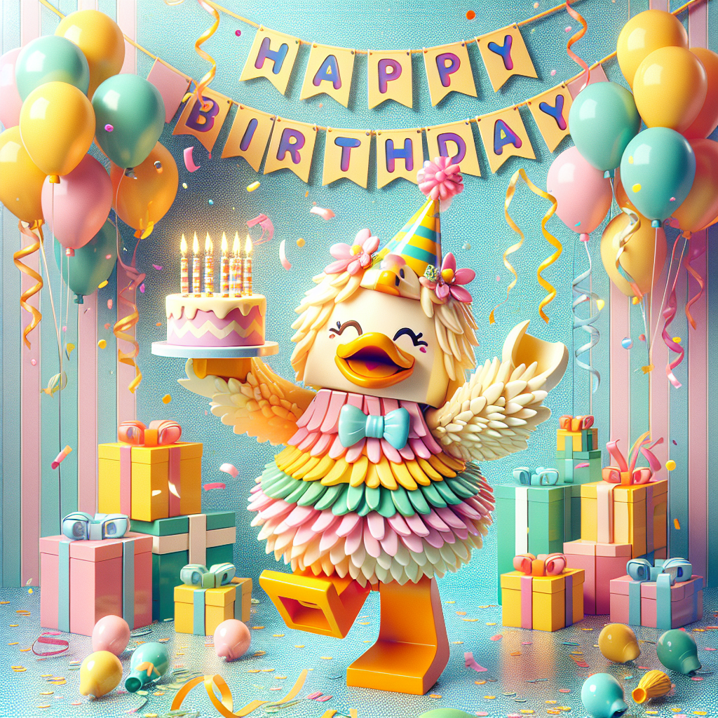 A charming birthday illustration embodies the spirit of celebration against a lively backdrop decorated with pastel-colored balloons and streamers. At the center stands a whimsically costumed generic Lego character dressed as a duck, featuring a vivid orange bill and fluffy tail. It's holding a small, festive birthday cake in one limb, while the other is raised in a jubilant wave. The scene effuses happiness with confetti raining down and a generous 'Happy Birthday' banner gracefully strung above.
Generated with these themes: Ninjago lego duck.
Made with ❤️ by AI.