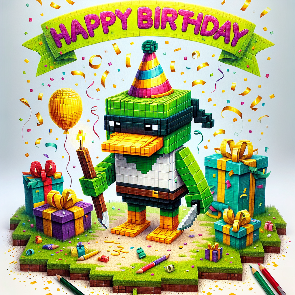 Imagine a playful birthday party setting, alive with vibrant party hats and a glistening touch of golden confetti. At the core of the drawing stands an original blocky figure, humorously transformed into a duck with a green ninja-inspired mask. This figure is encircled by block-built presents and a duck-like balloon, all positioned on a grassy blocky terrain. A cheerful banner displaying the phrase 'Happy Birthday' extends over the top, encapsulating this charming and creative scene.
Generated with these themes: Ninjago lego duck.
Made with ❤️ by AI.