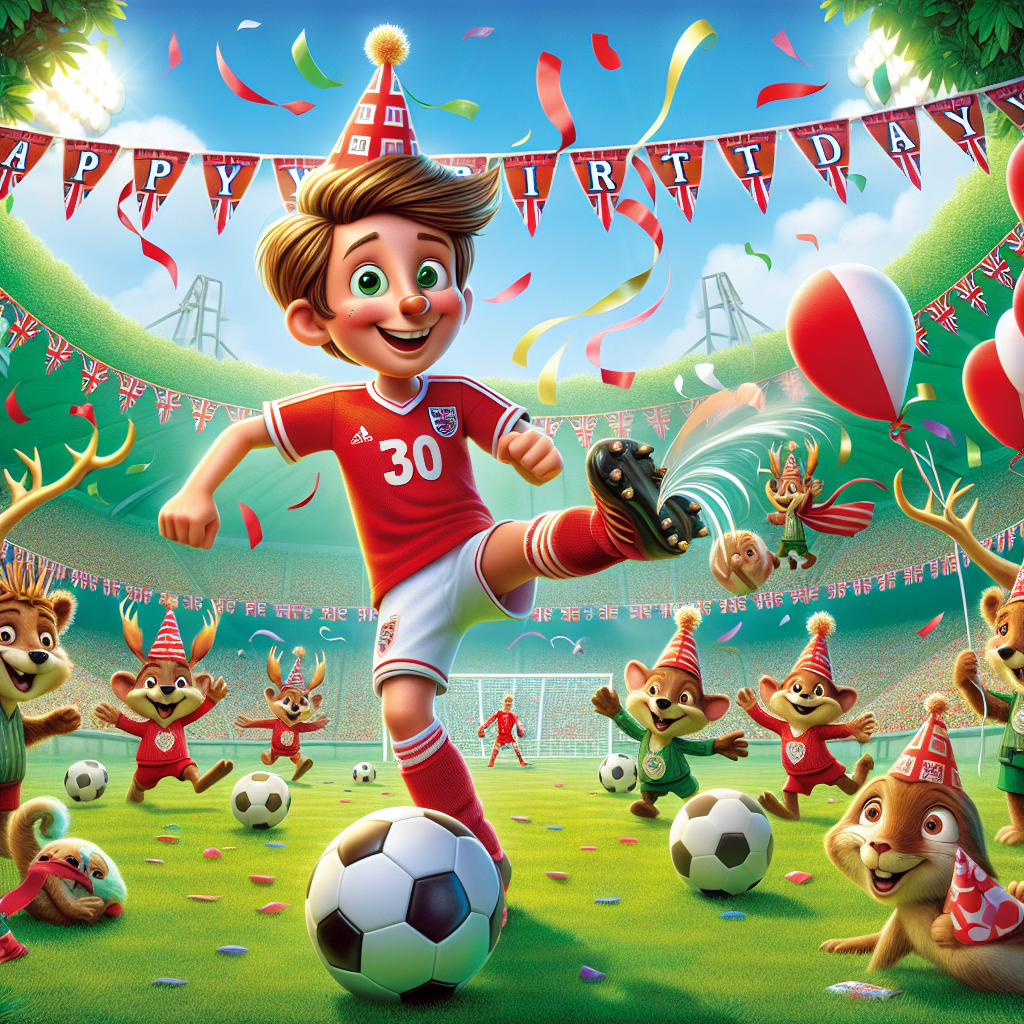 Create a cheerful birthday scene set on a lively green soccer field, symbolic of a traditional British football ground. In the middle, a fictional character named Logan is seen in a recognizable red soccer jersey, energetically kicking a soccer ball with a tail of confetti behind it. Surrounding him, fanciful woodland creatures wearing party hats cheer and wave flags. The backdrop is decorated with balloons in the colors of red and white, with a prominent banner waving above, displaying 'Happy Birthday Logan!' amidst a cascade of streamers.
Generated with these themes: Nottingham Forest, Logan, and Football.
Made with ❤️ by AI.