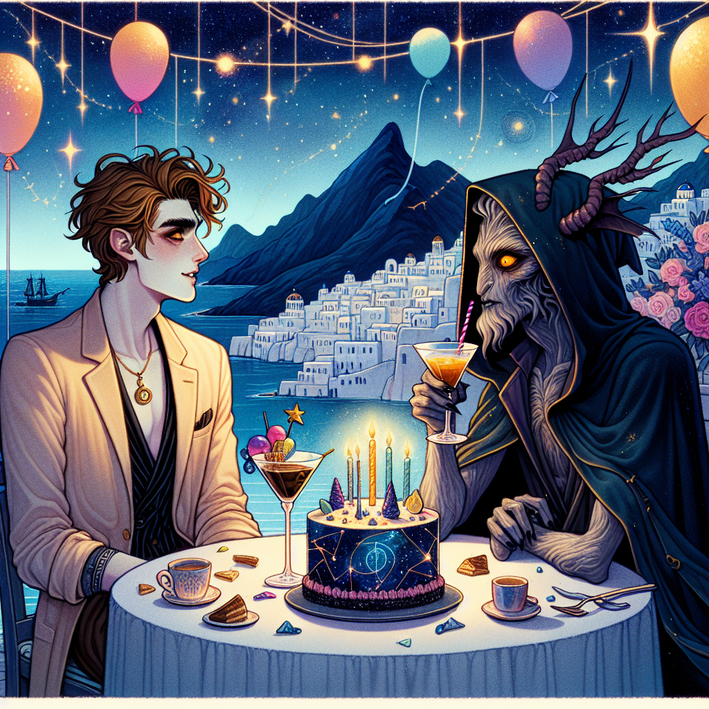 A whimsical and enigmatic atmosphere pervades the scene, set against the backdrop of a Greek island. In the foreground, there is a tall and eternally youthful male vampire with bronze hair, pallid skin, and piercing amber eyes, engaged in a conversation with a mysterious, truth-seeking humanoid creature draped in dark cloak, both casually sipping espresso martinis. The table between them is strewn with birthday paraphernalia, including vibrant balloons, a celestial-themed cake, and twinkling fairy lights, all blending into the dreamlike quality of the scene. Prioritize capturing a fantastical, mythical vibe in the illustration.
Generated with these themes: Edward Cullen drinking espresso martinis with the suriel from a court of thorns and roses book series in greece.
Made with ❤️ by AI.