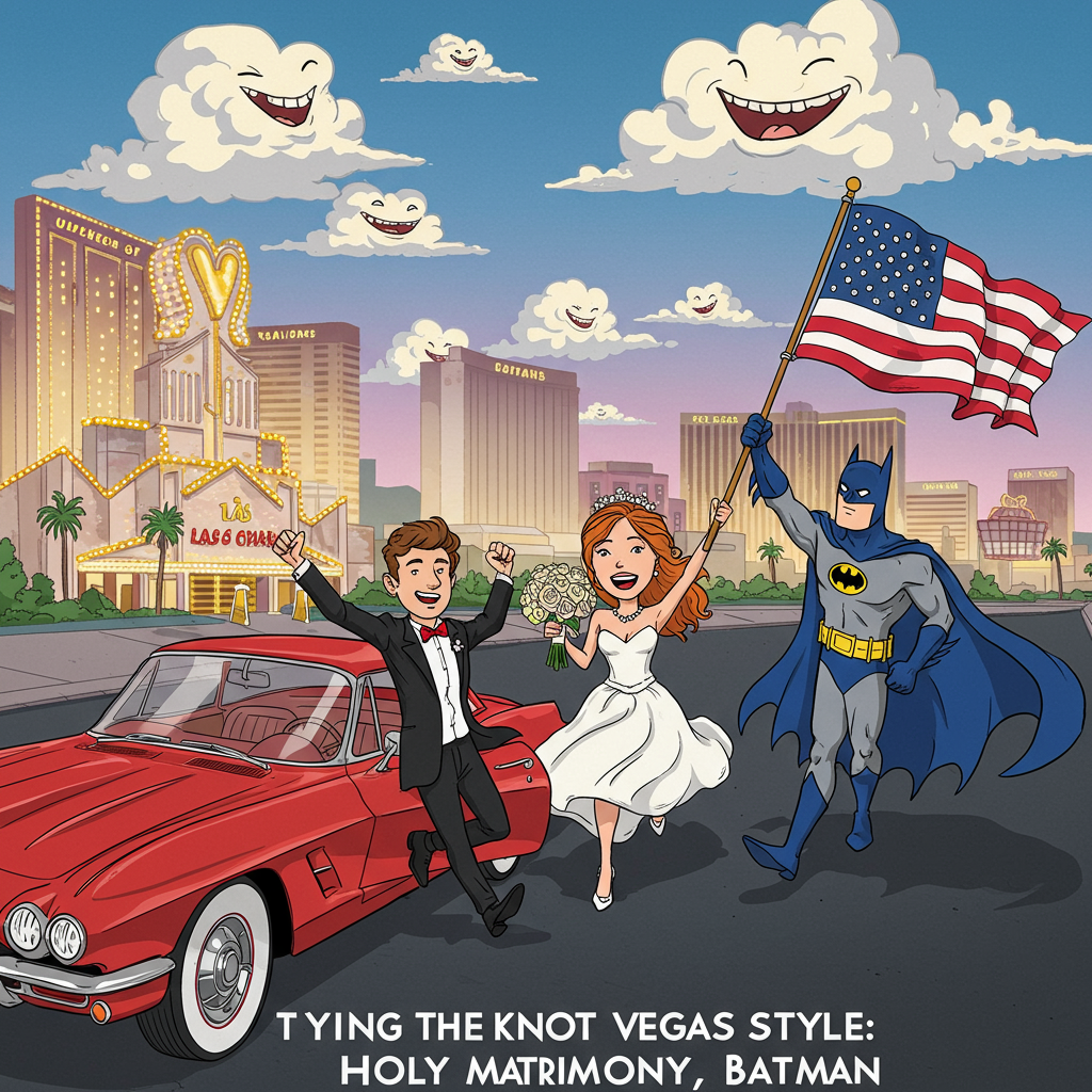 **Prompt for Image:**

A lively and vibrant cartoon scene bursting with playful elements. The image features a brown-haired man in a tuxedo and a red-haired woman in a flowing wedding dress, both with exaggerated, whimsical expressions, joyfully running out of a classic red Corvette parked in front of a neon-lit Las Vegas wedding chapel. The backdrop is a bustling Las Vegas strip with bright lights and towering casino buildings. Standing next to the couple is a cartoonish Batman holding an oversized American flag, striking a heroic yet humorous pose. The sky is filled with exaggeratedly large, fluffy clouds, each with a cheeky grin, and the scene is drenched in saturated colors and thick outlines, capturing the jubilant chaos of the moment.

Text on Image (optional): "Tying the Knot Vegas Style: Holy Matrimony, Batman!"
Generated with these themes: Brown hair man, Red hair woman, Red corvette, vegas, wedding chapel, Batman, american flag, and .
Made with ❤️ by AI.