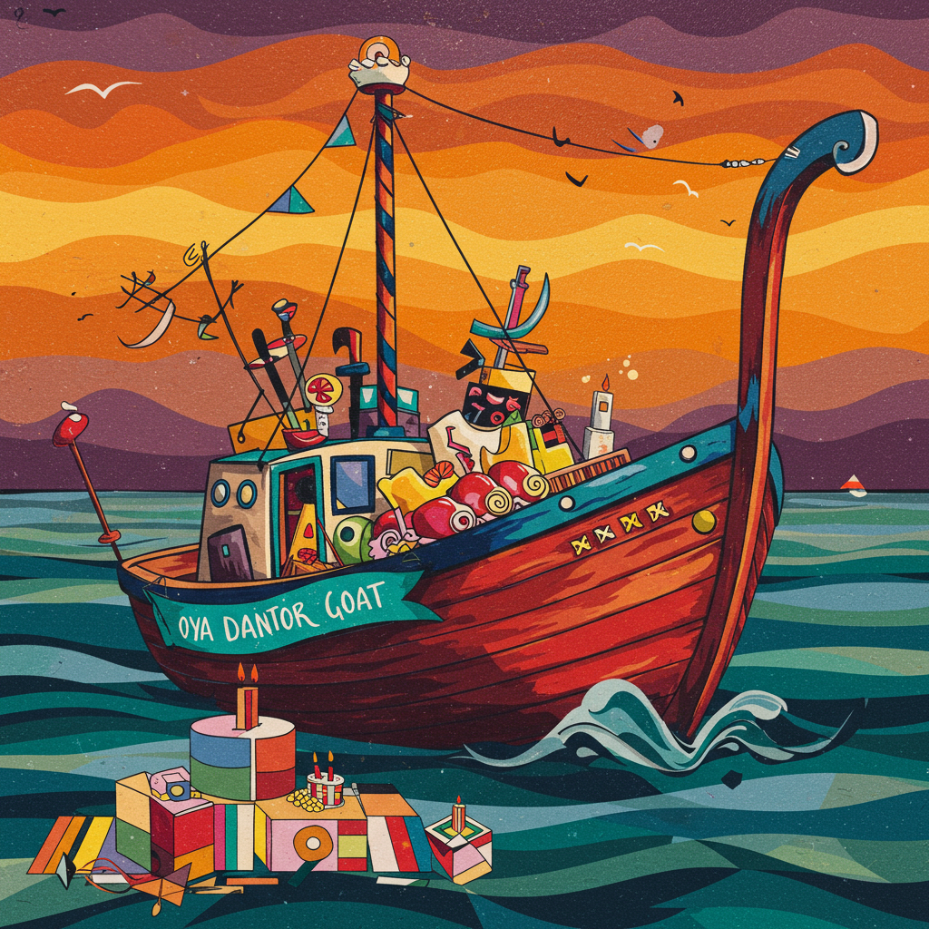 In the foreground of the greeting card, envision an abstract and dynamic boat that is an amalgamation of geometric shapes. The boat is composed of angular and curved forms, reminiscent of Kandinsky's love for abstract geometry. The hull could be an amalgamation of vibrant reds and deep blues, colliding and swirling like Pollock's splashes, and highlighted with Mondrian-esque black lines and primary colors.

Inside the boat, the scene is an interplay of shapes and textures. Think of de Kooning's expressive brushwork—a central mast rising in the form of a twisting, energetic brushstroke, painted in contrasting yellows and blacks. It can serve as an anchor to the swirling chaos around it, leading the eye upward.

The sky above the boat is a canvas of bold, expansive color fields, inspired by Rothko. Rich, undulating bands of oranges and purples wash across the background, providing a vibrant backdrop. Embedded within these colors are subtle touches of metallic silver, giving a nod to Twombly's playful scribbles, hinting at a starlit night.

On the side of the boat or on an unfurled abstract banner flowing in the wind, place the words "OYA DANTOR GOAT" in a style reminiscent of Miro's playful, almost hieroglyphic lettering—curved and looped in a manner that complements the surrounding shapes, using a bright turquoise that pops against the more muted colors of the background.

In the lower part of the scene, imagine a cake, but not in the traditional sense—a series of stacked geometric forms reminiscent of Malevich's suprematist compositions. They could be interlocked squares and rectangles in a variety of hues, from soft pastels to bold, vivid colors.

The water beneath the boat is not literal but suggested through layers of intersecting and overlapping lines and shapes, creating a sense of motion and fluidity. These could be echoes of Richter's blurred textures—horizontal streaks of teal, navy, and emerald blending seamlessly.

Overall, this scene is a celebration of abstract form and color—a birthday party in an alternate dimension, where shapes and colors dance in harmony and chaos, guided by the inspirations of modern masters.
Generated with these themes: Inside boat, and .
Made with ❤️ by AI.
