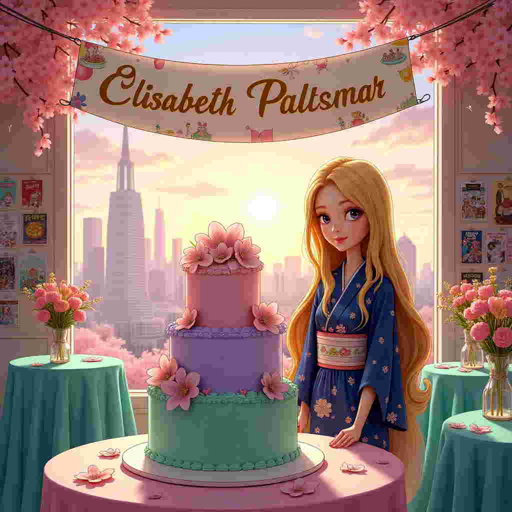 The scene is set in a lively, colorful party room that has been transported to an animated manga universe. At the center of the scene, there's a large, intricate birthday cake. The cake has multiple tiers with vibrant pastel shades: the bottom tier is soft lavender, the middle tier is mint green, and the top tier is baby pink. Each tier is adorned with delicate icing flowers resembling sakura blossoms.

Standing beside the cake, there is a lifelike manga-style character with exaggerated features, such as large, expressive eyes and a small, pointed nose. This character has long, flowing blond hair cascading down their shoulders. The hair shimmers with streaks of gold and honey hues, adding a dynamic, realistic touch. The character is dressed in a stylish, navy blue kimono with silver accents, which is detailed with elaborate patterns of cherry blossoms and swirling waves.

In the background, there's a large, transparent glass window revealing a cityscape inspired by Tokyo, with tall skyscrapers and distant, blooming cherry blossom trees. The sky is a mix of warm sunset colors – oranges, pinks, and purples blending seamlessly into one another.

Hanging in the air above the cake, there's a festive banner strung across the room. The banner is decorated with colorful manga-style illustrations of balloons and stars. Written in bold, elegant letters on the banner is the name "Elisabeth Paltsmar." The text is in glossy gold lettering, making it stand out against the vibrant scene.

Around the room, scattered on tables and hanging on walls, are various manga comics and merchandise, such as figurines and posters, contributing to the thematic atmosphere. The tables are draped with bright turquoise cloths, and each has a small vase filled with a bouquet of wildflowers, their colors echoing the pastel shades of the cake.
Generated with these themes: Manga, and Blond hear .
Made with ❤️ by AI.