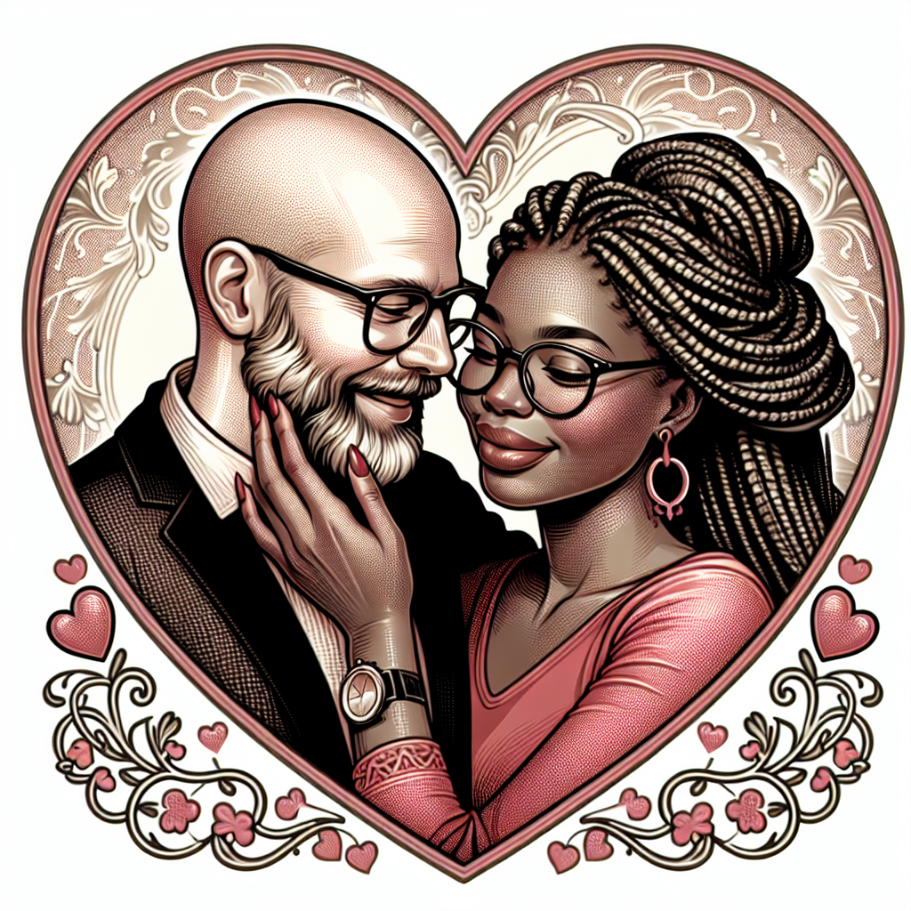 White man with balding head and glasses cuddling black woman with box braids and wearing glasses, and Valentines heart Valentines-day Card
