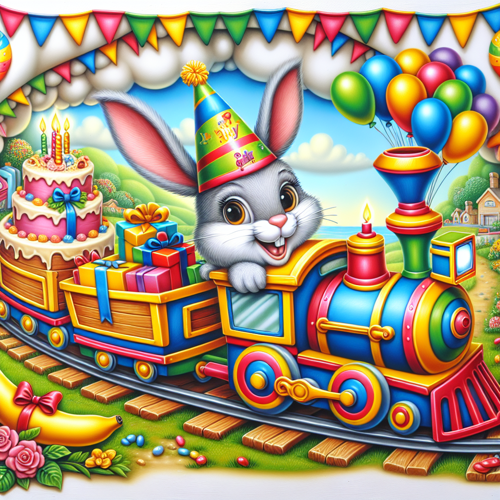 Create a delightful celebration scene for a birthday party, depicting a playful bunny rabbit, adorned in an amusing party hat, playing cheerfully as the driver of a vividly colored toy train. The train moves energetically along a festive track embellished with celebratory flags and vibrant balloons with each wagon heaving with an array of presents. A bunch of ripe bananas adds a fun element, festooning the final train car. The background is a picturesque setting of a landscape made from a birthday cake, artistically circling the train track, enhancing the charisma of the whole scene.
Generated with these themes: Train, Bunny rabbit, and Banana .
Made with ❤️ by AI.