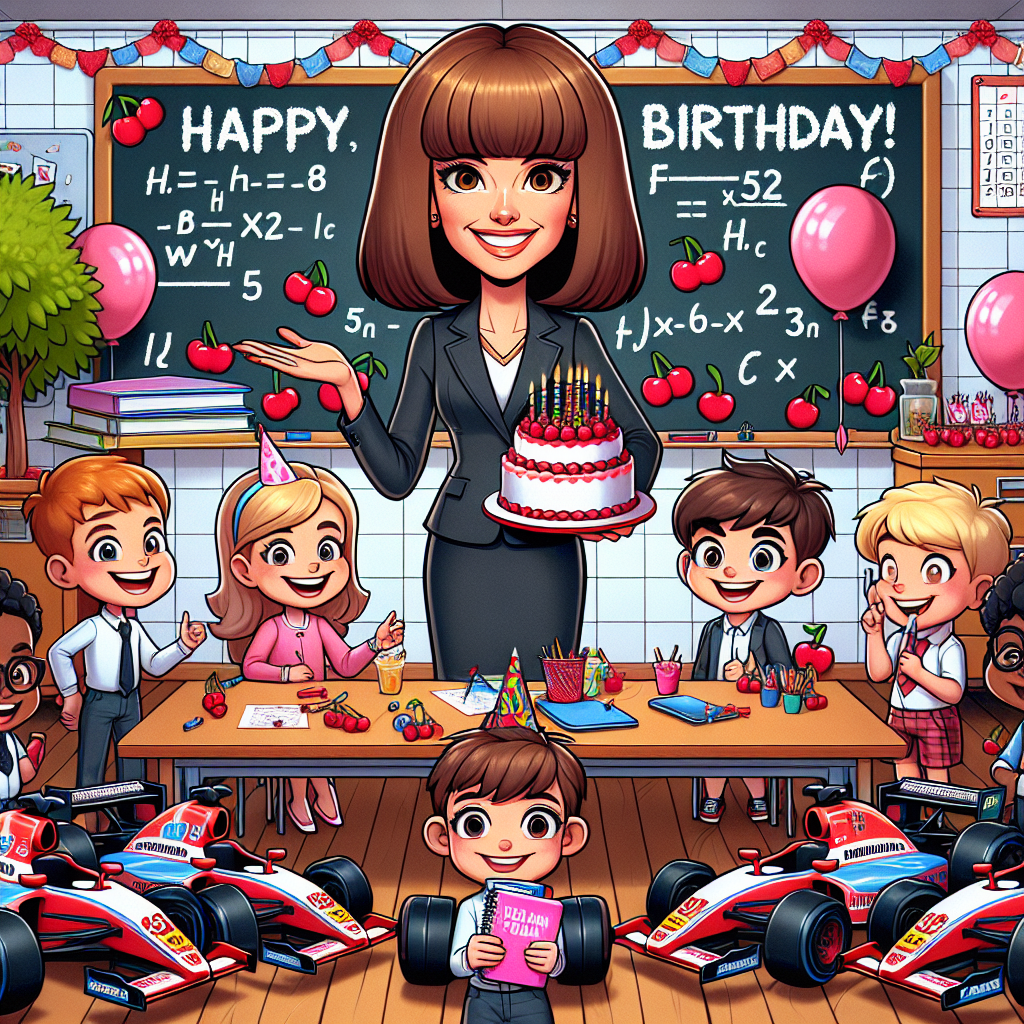 This is a delightful, festive classroom setting, celebrating a birthday with a unique twist. The center stage is held by a Caucasian female teacher with distinctive choppy brown bob hairstyle. She is surrounded by a group of excited children of all backgrounds, each in possession of cartoon-inspired, toy Formula 1 race cars. The room is adorned with cherry-themed decorations, adding to the festive spirit. Each child also has a mini planner diary as a party favor. An oversized cartoon-style mathematical formula is scrawled onto the blackboard, adding a playfully educational touch to the whimsical birthday party scene.
Generated with these themes: White female with brown bob hair, Children, Teacher, Cherries, Formula 1, and Planner diary.
Made with ❤️ by AI.