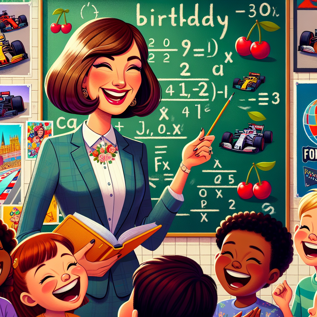 Create an image depicting a lively birthday scenario in cartoon style. Showcase a Caucasian female with a chic brown bob haircut, dressed as an engaging teacher, surrounded by children laughing heartily. The walls around them are embellished with vibrant cherries and Formula 1 posters. She is holding a planner diary in one hand, demonstrating a painstakingly organized party, while her other hand is pointing towards a sizeable chalkboard saturated with whimsical and funny mathematical formulas, creating an atmosphere of joy and curiosity.
Generated with these themes: White female with brown bob hair, Children, Teacher, Cherries, Formula 1, and Planner diary.
Made with ❤️ by AI.