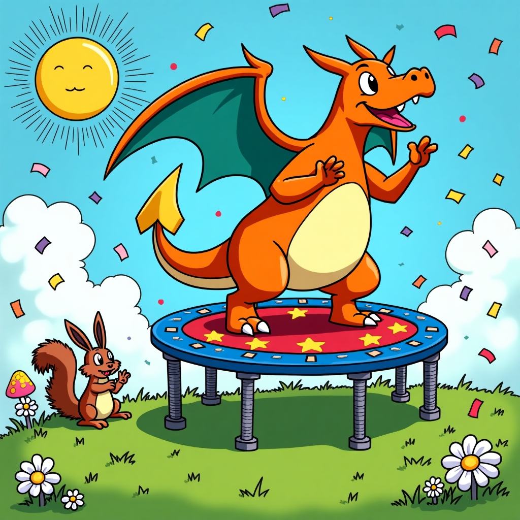 Front and center of the card is Charizard, depicted in a dynamic cartoon style. Imagine a comically oversized, plump Charizard with an exaggerated, bulbous snout and large, wide eyes that sparkle with a playful glint. His wings are mid-flap, depicted with a series of fluid, motion lines to suggest the bounce in progress.

He’s positioned mid-air above a circular trampoline that takes up a third of the lower card, tilted at a jaunty angle. The trampoline is rendered in vibrant, bold colors — its frame is electric blue, and the mat is a contrasting bright red, decorated with a pattern of yellow stars. The trampoline springs are coiled and exaggeratedly large, as if springing to life themselves.

In the background, the sky is a vivid cerulean blue, dotted with fluffy, oversized white clouds that are whimsically misshapen, reminiscent of the playful backgrounds in Peanuts. A cartoon sun with radiating lines sits in the upper left corner, its simple face outlined with a permanent marker effect, akin to a child’s drawing.

Below the trampoline, the grassy ground is a lush, rolling green, almost like an undulating carpet, reminiscent of Bill Watterson's landscape stylings in Calvin and Hobbes. The grass is dotted with oversized daisies in pure white, with centers the color of butter, and a few scattered clumps of cartoony, technicolor mushrooms, channeling the vibrant color palettes of Winsor McCay.

To the left, in the midground, a small group of cheering cartoon animals is gathered. There's a wide-eyed, bushy-tailed squirrel with fur detailed in dynamic black ink lines, a nod to Hergé’s clean style. A chubby bunny with oversized feet and long floppy ears sits beside the squirrel, its posture and expression delightfully overblown in the spirit of Gary Larson's The Far Side.

Around the border of the card, confetti rains down, a flurry of bright rainbow colors that enhances the celebratory theme. Each piece of confetti is slightly different in shape, echoing the quirky unpredictability found in R. Crumb’s underground comix style.

This scene comes together to create a dynamic, lively illustration, with each element exaggerated and brimming with detail, inviting the viewer to get lost in this playful birthday moment.
Generated with these themes: Charisard cheerfully bouncing on a trampoline, enjoying a vibrant, playful moment.
Made with ❤️ by AI.