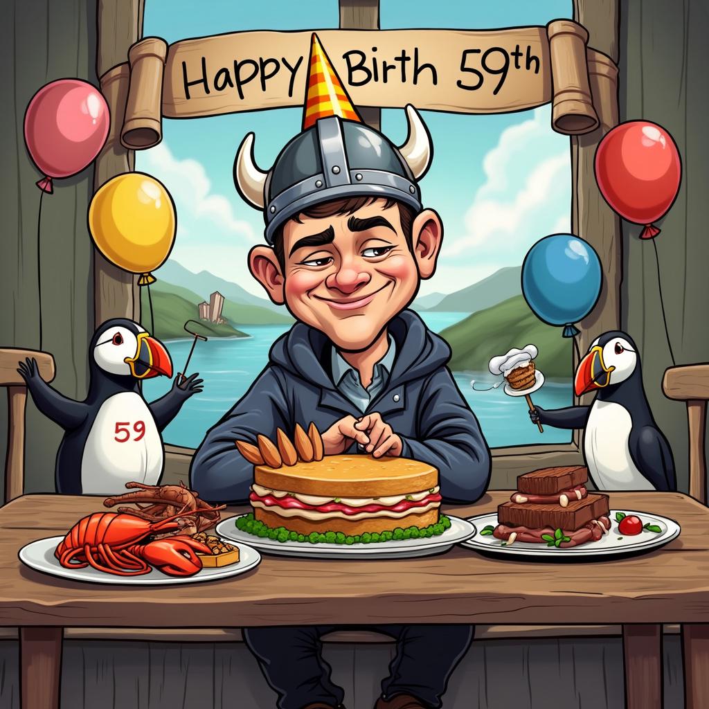 In this cartoon birthday theme, the man of honor, an Icelandic native celebrating his 59th birthday, is depicted sitting at a rustic wooden table, laden with a feast fit for a foodie. He is caricatured with a slight smile and a mock-serious glint in his eye. On his head, a whimsical Viking helmet repurposed as a birthday hat. The table hosts an array of cartoon-inspired dishes from seafood to steaks, all with a dash of humor; for example, a lobster wearing a bib with '59' written on it. At the center of the table stands a luscious birthday cake shaped like a motorbike, complete with edible miniature versions of landmarks like Hallgrimskirkja and geothermal hot springs, symbolizing Iceland. The backdrop reveals a scene of a whimsical fjord with puffins holding balloons and a banner that reads 'Happy 59th.'
Generated with these themes: Man 59, Iceland, Motorbike , and Foodie.
Made with ❤️ by AI.