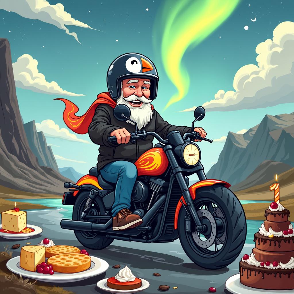 A cartoon birthday scene centered around a cheerful 59-year-old man from Iceland. At the heart of the design stands the man, immediately recognizable with thick silver hair and a robust beard, cheerfully riding a large, classic black motorbike styled with vibrant flames along the sides. He sports a sleek helmet with a cartoon puffin (an Icelandic bird) designed on it. Behind the man, a backdrop of Iceland's iconic landscape, featuring a cartoon rendition of the rugged mountains, geysers, and the Northern Lights draped across the sky. Strewn around the foreground, a series of playful food items - each with animated faces - representing classic Icelandic cuisine like kleinur, hákarl, and skyr, as well as universal foodie delights such as a cheese platter and a towering chocolate cake adorned with motorcycle-themed decorations.
Generated with these themes: Man 59, Iceland, Motorbike , and Foodie.
Made with ❤️ by AI.