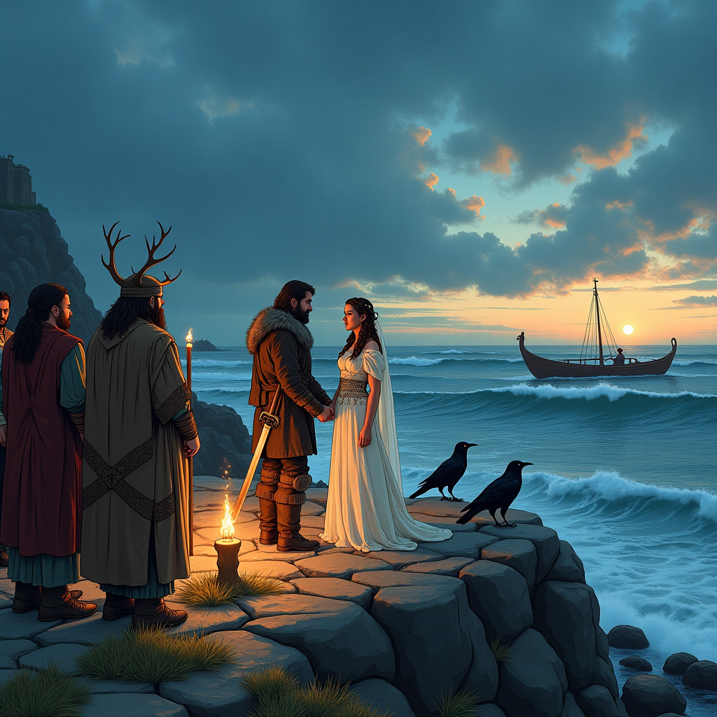 **Image Prompt:**

At the top of the illustration image, *"Happy Axe-Knot Day, James & Debs!"*

A solemn and beautifully detailed Viking wedding scene set on a rugged Nordic coastline at twilight. In the center, James and Debs—illustrated as noble Viking bride and groom—stand hand-in-hand on a cliffside altar of runestones, overlooking crashing waves. James wears a fur-lined tunic with a ceremonial broadsword sheathed at his hip, while Debs dons an elegant linen gown adorned with Norse embroidery, her braided hair woven with wildflowers and beads. A seer with antlered headdress presides, arms raised in blessing, as two carved ravens perch nearby.

Guests in traditional Viking attire look on respectfully, torches casting soft, flickering light that mingles with the moody northern sky streaked in indigo and gold. The longboats are docked in the distance, and mead horns are quietly raised in salute. Norse knotwork patterns frame the image subtly along the edges, completing the tranquil yet powerful celebration of their eternal bond.
Generated with these themes: Viking wedding.
Made with ❤️ by AI.