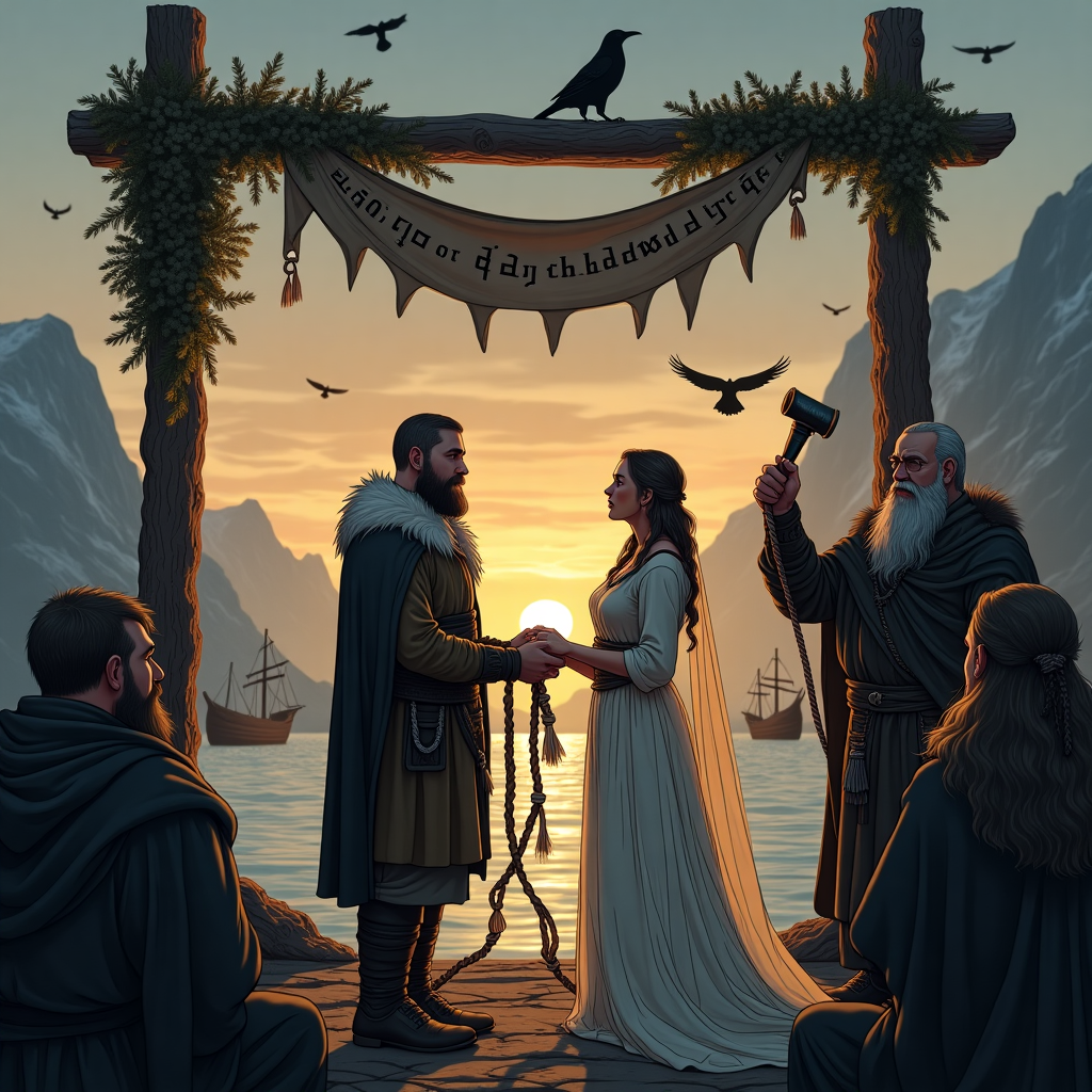 **Prompt for the image:**

At the top of the illustration image: *"By Odin’s Beard, James & Debs Tied the Knot (With Viking Rope!)"*

Create an illustration in a solemn, richly detailed style inspired by Viking culture. In a dramatic fjord-side setting at twilight, depict a sacred Norse wedding ceremony beneath a carved wooden stave arch adorned with rune-inscribed banners and garlands of wildflowers and wolf pelts. James and Debs, dressed in ceremonial Viking wedding garb—fur-lined cloaks, braided hair, silver torcs, and leather belts—stand facing each other with hands bound by a traditional woven handfasting cord, glowing faintly as if imbued with ancient magic. A stern old gothi (Viking priest) officiates, holding a horn filled with mead aloft under a brooding sky streaked with soft amber light.

In the background, a solemn gathering of Viking villagers, longships anchored in the distance, and faint silhouettes of ravens flying overhead add gravitas. The atmosphere is serene and respectful, the landscape epic and majestic. Let the colors be muted and earthy—deep browns, steel greys, mossy greens, and smoky blues—to emphasize the heartfelt gravity of the moment. The couple glows faintly with warmth in contrast to the rugged surroundings.
Generated with these themes: Viking wedding.
Made with ❤️ by AI.