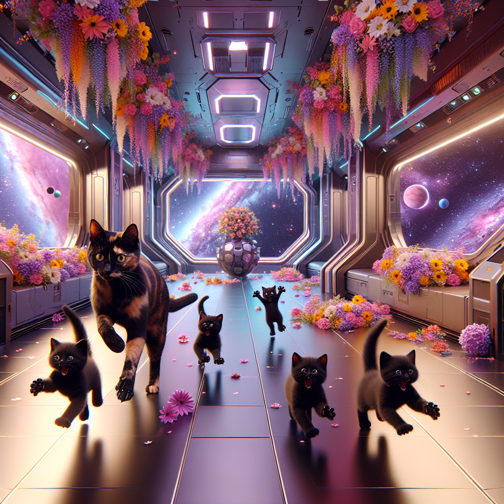1 Tortoiseshell cat and 4 back cats on the uss enterprise space ship Mothers-day Card