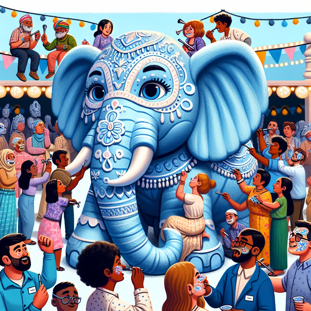 Illustrate a lively birthday celebration where the main attraction is a life-sized elephant sculpted from papier-mâché and painted in various blue tones. The scene is filled with guests of different genders and ethnicities such as Hispanic, Caucasian, Middle-Eastern, South Asian, Black. Everyone is participating in a humorous activity where they are seen applying makeup to each other, trying to replicate the detailed embellishments seen on the majestic papier-mâché elephant.
Generated with these themes: Elephant , Blue, and Make up.
Made with ❤️ by AI.