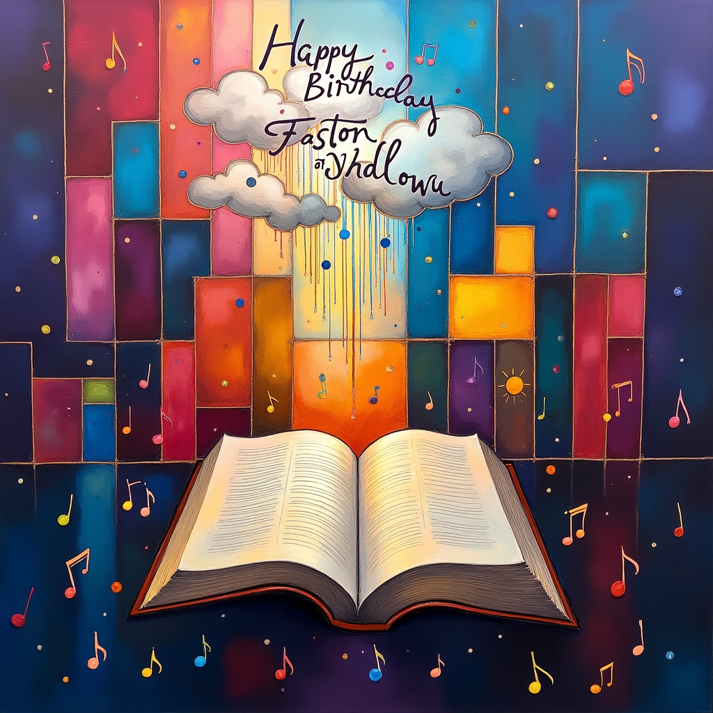 In this abstract birthday card cover, a solemn yet vibrant scene unfolds, weaving together the elements of a church, the Bible, music, and preaching. The backdrop is a surreal and celestial sky reminiscent of Rothko's color fields, painted in deep purples and blues that fade into lighter hues, creating a divine atmosphere. Floating amidst these colors are geometric forms inspired by Mondrian, suggesting stained-glass windows from a church. These forms are segmented into various rectangles and squares, filled with splashes of color akin to Pollock's signature drips, embodying a sense of divine music reverberating through the heavens.

Centrally placed is an abstract representation of an open Bible. The pages are suggested with swirling, calligraphic lines reminiscent of Twombly's work, hinting at musical notes intertwined with scriptural verses. Above this, rising like a sermon, are layered arcs and curves that evoke de Kooning's dynamic brushstrokes, embodying the powerful energy of preaching.

Scattered throughout the scene are symbolic musical notes and treble clefs, whimsically drawn in Miró's playful, abstract style, dancing through the air and merging with the vibrant colors. At the peak of the scene, within the clouds that float like ethereal vessels inspired by Malevich's Suprematism, the words "Happy Birthday Pastor N. Ndlovu" are inscribed. The letters appear as if part of the cloud formation itself, with each word delicately interwoven in a manner that mirrors the lines of Agnes Martin, adding a sense of divine order to the abstract chaos.

This unique composition tells a story of a birthday celebration, where the elements of faith, music, and preaching converge in an abstract symphony of color and form, dedicated to Pastor N. Ndlovu.
Generated with these themes: Church, Bible, Music, and Preaching.
Made with ❤️ by AI.