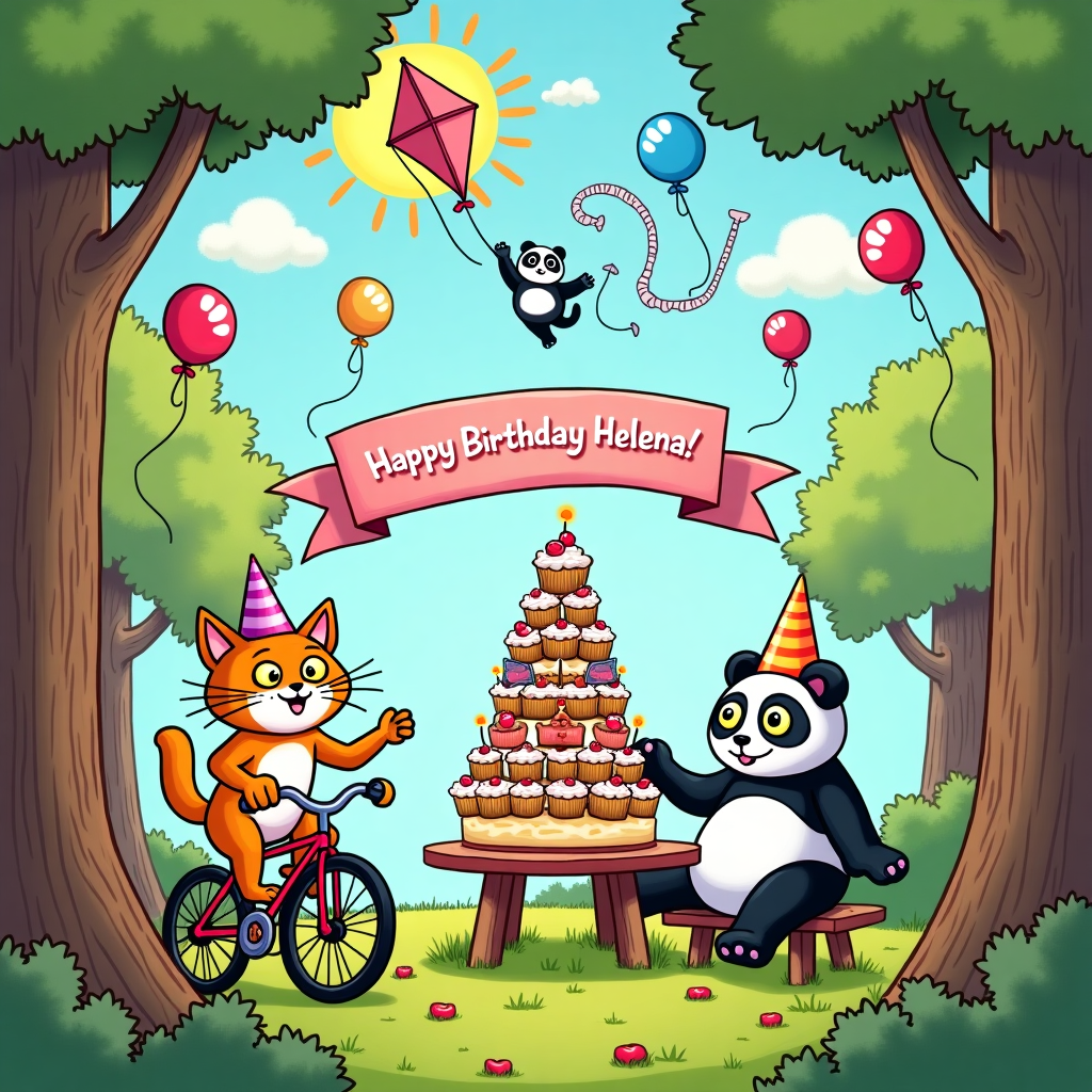 In a vibrant cartoon wonderland, the scene unfolds in a whimsical forest clearing where cats and pandas have come together for a lively birthday bash. In the foreground, a jovial cat, adorned in a polka-dotted party hat and wearing an exaggerated grin, is balancing on a unicycle. The unicycle pedals are in the shape of fishbones, adding an eccentric touch. Next to the unicycling cat, a panda with oversized glasses is seated at a picnic table, attempting to balance a towering stack of bamboo-shaped cupcakes. Each cupcake is topped with tiny cat ears and panda eyes, an homage to the mingling of themes.

In the center of the scene, a colossal birthday cake takes the spotlight, decorated with intricate frosting paw prints leading to the top. The cake is topped with a miniature carousel featuring tiny spinning pandas and cats. Above the cake, a sky-blue banner flutters with "Happy Birthday, Helena!" elegantly written in swirling pink and black letters, reminiscent of Charles Schulz's whimsical style. The banner is suspended between two sturdy trees, with one tree having an observant panda lazily hanging from a branch, peeking down with curiosity.

In the background, another cat is flying a kite in the shape of a panda face, its tail looping through the sky in a curlicue that forms the name "Helena" in fluffy cloud-like letters, capturing the skywriting style of Winsor McCay. Meanwhile, mischievous cartoon birds are gently tugging on the kite's tail, creating a playful chase scene high above the forest.

All around, colorful party balloons are tied to every branch and twig, swaying in a gentle breeze, each balloon displaying either a cat paw print or a panda face. The sun, with an exaggerated cartoonish smile, watches over the festivities, casting lively, shadow-play patterns across the scene. This joyful celebration of cats, pandas, and birthday cheer is a quirky, delightful adventure, immortalized in a single, spirited snapshot for Helena's birthday card.
Generated with these themes: Cats and pandas .
Made with ❤️ by AI.