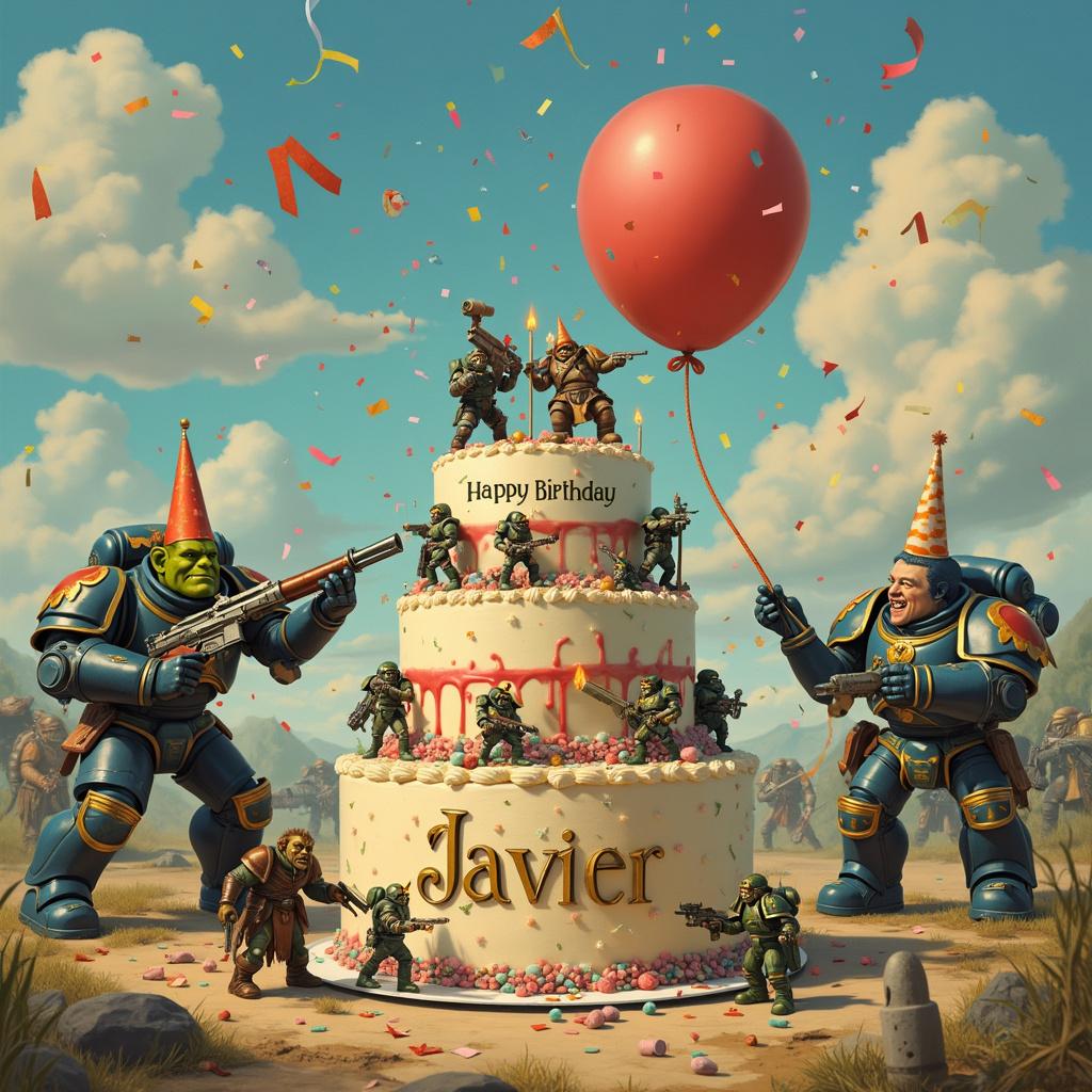 In a fantastical, whimsical landscape reminiscent of Maurice Sendak's imaginative worlds, the scene unfolds with a playful twist on the Warhammer universe, infused with a touch of Norman Rockwell's everyday charm. 

The backdrop is a vibrant, almost surreal battlefield, but not in a grim, dark way—more like an exuberant, comical skirmish. There are adorable, chibi-style Warhammer characters engaging in a not-so-serious duel. Picture a tiny, grinning Space Marine wielding a giant cake slice instead of a chainsword, facing off against a mischievous Ork who's holding an oversized birthday balloon shaped like a Dreadnought.

In the foreground, a large, elaborately decorated birthday cake takes center stage. The cake is a multi-tiered masterpiece, adorned with miniature Warhammer figures made of frosting, each engaged in their own tiny, whimsical battles. On the topmost tier of the cake, there are small banners that spell out "Happy Birthday Javier" in golden, gothic lettering reminiscent of Warhammer fonts, fluttering as if caught in a light breeze.

Surrounding the cake, a motley crew of Warhammer characters are gathered in celebration. A Space Marine in full armor is awkwardly trying to balance a party hat on his helmet, while an Ork is attempting to light birthday candles with a tiny flamethrower. In the sky above, fluffy clouds have been whimsically shaped into the letters spelling "Javier," as if the very heavens are joining in on the birthday celebration.

At the edge of the scene, an Eldar Harlequin is performing an acrobatic dance, leaving a trail of colorful, sparkling confetti in their wake. The ground is scattered with bits of confetti and tiny, playful landmines that pop harmlessly into confetti showers when stepped on, adding to the festive atmosphere.

Overall, this scene is a delightful, humorous tableau that merges the iconic elements of Warhammer with the joyous spirit of a birthday celebration, all the while making sure that Javier's name is prominently and creatively incorporated into the whimsical chaos.
Generated with these themes: Warhammer.
Made with ❤️ by AI.
