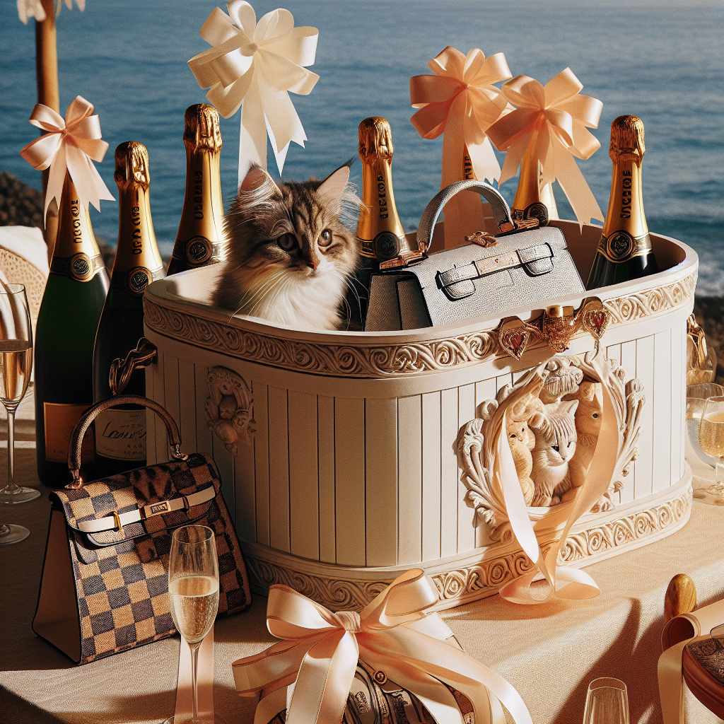 Picture a serene scenario where short-haired, tabby and white cats are merrily engaged in play, their fluffy tails intertwined with ribbons that mirror the soft color palette typical of Greece's coastal regions. Amid the fun and games, there is a festive birthday setup underway. Bottles of Prosecco and Champagne, their labels subtly reflecting the faint golden hue of the setting sun, chill inside a lavishly carved ice bucket. Not far from this setting, sophisticated handbags serve as elegant central attractions. Each bag is thoughtfully positioned, enhancing the refined elegance of the table's overall decoration.
Generated with these themes: Short hair Tabby and White cats, Prosecco, Champagne, Designer handbags, and Greece.
Made with ❤️ by AI.