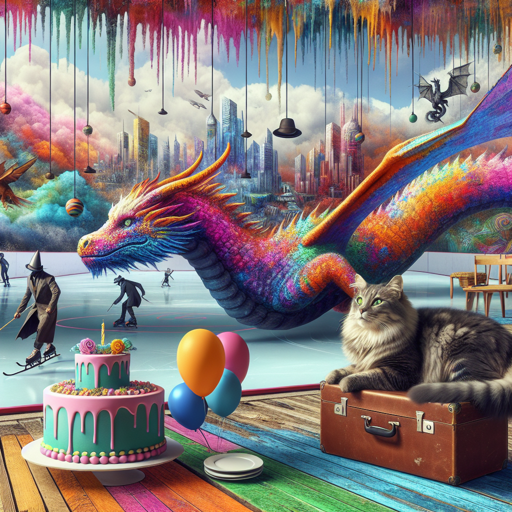 Create a surreal landscape with elements of realism. The scene evolves in a colorful birthday scene where a regal cat with fur painted in abstract colors lies next to a mythological dragon. The dragon should embody the essence of mythic creatures commonly depicted in fantasy novels, with no specific references. Floating overhead, a city with a fantastical design is casting unusual shadows on a skating rink where competitors are wearing cloaks reminiscent of historical assassins. There is a worn suitcase near the edge of the rink, hinting at numerous adventures and discoveries that laid the grounds for this unique scenario.
Generated with these themes: Cat, Dragon, Tagaryen, Bioshock, Roller Derby, Assassins Creed, Dragon, and Travel.
Made with ❤️ by AI.