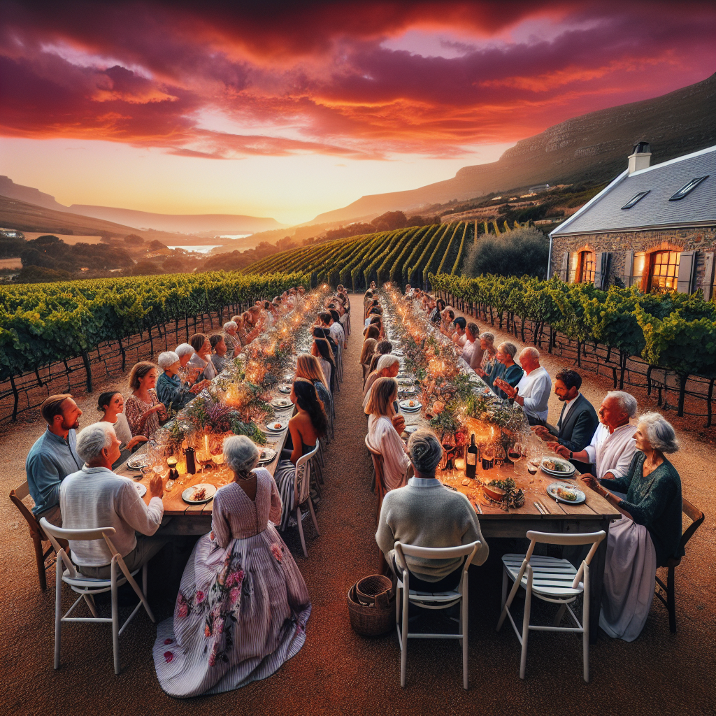 A beautifully depicted birthday party taking place at a quaint winery in Stellenbosch, South Africa. Guests of various descents and genders are seated around well-prepared tables adorned with delicate floral decorations, bathed in the amber hues of a stunning sunset. The tables are set outdoors amongst sprawling vineyards that seemingly extend into the horizon. As the sky transitions from shades of pink to a dusky purple, the gentle conversations and clinking of wine glasses among friends radiate a realistically warm and festive vibe, encapsulating the quintessential charm of a perfect birthday celebration in the wine region.
Generated with these themes: South Africa, Stellenbosch Winery, Dining alfresco, and Sunsets.
Made with ❤️ by AI.
